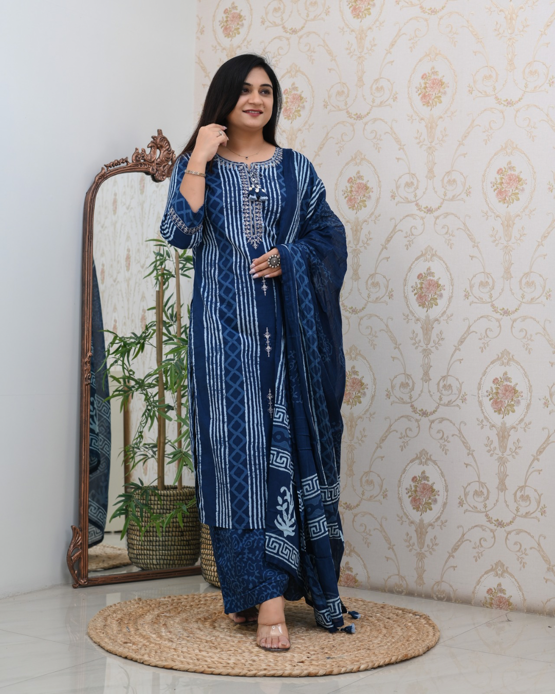 Anaya Cotton Embroidered Straight Divider set - The Jaipur Studio