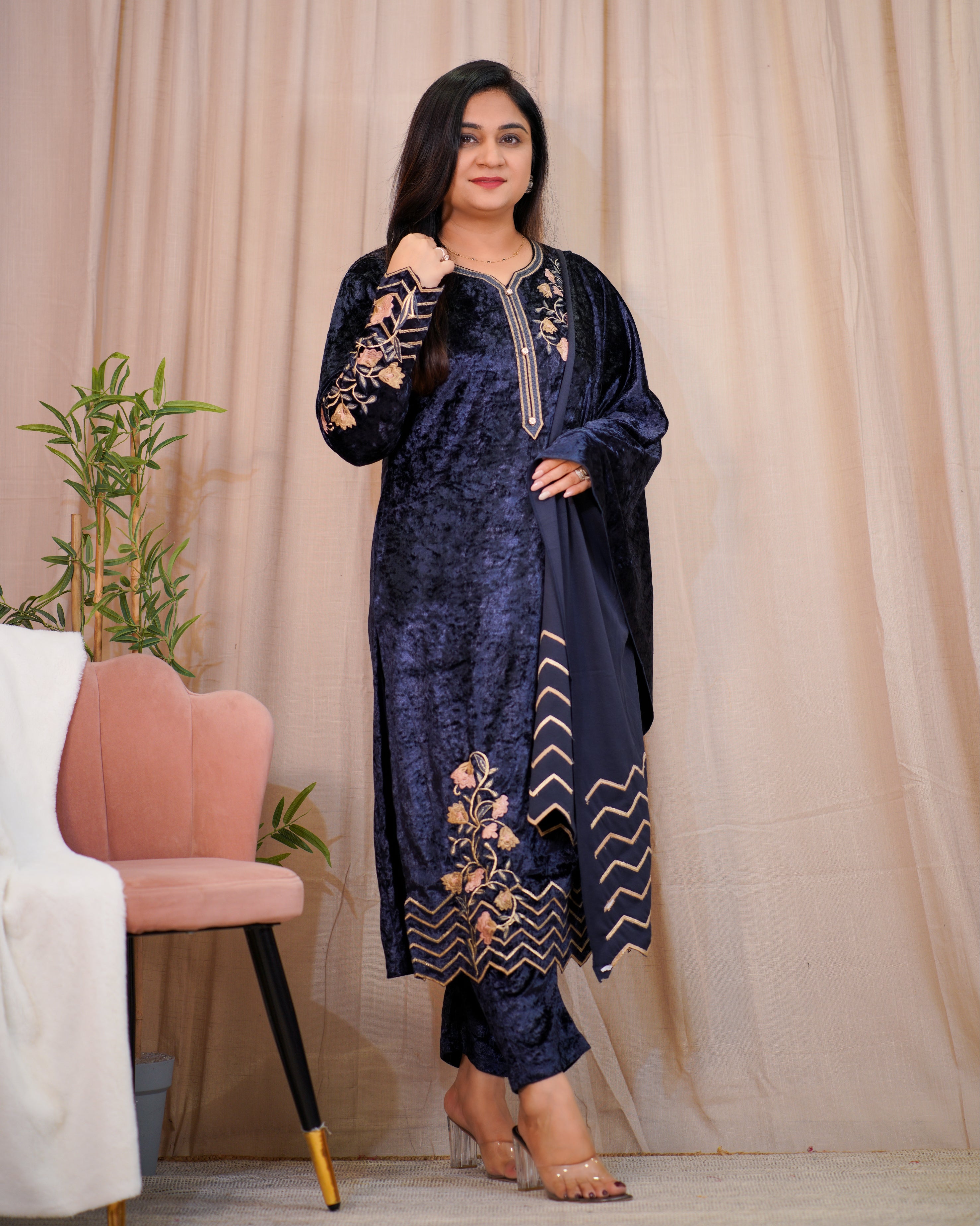 Premium Velvet Embroidered Dupatta Set - The Jaipur Studio