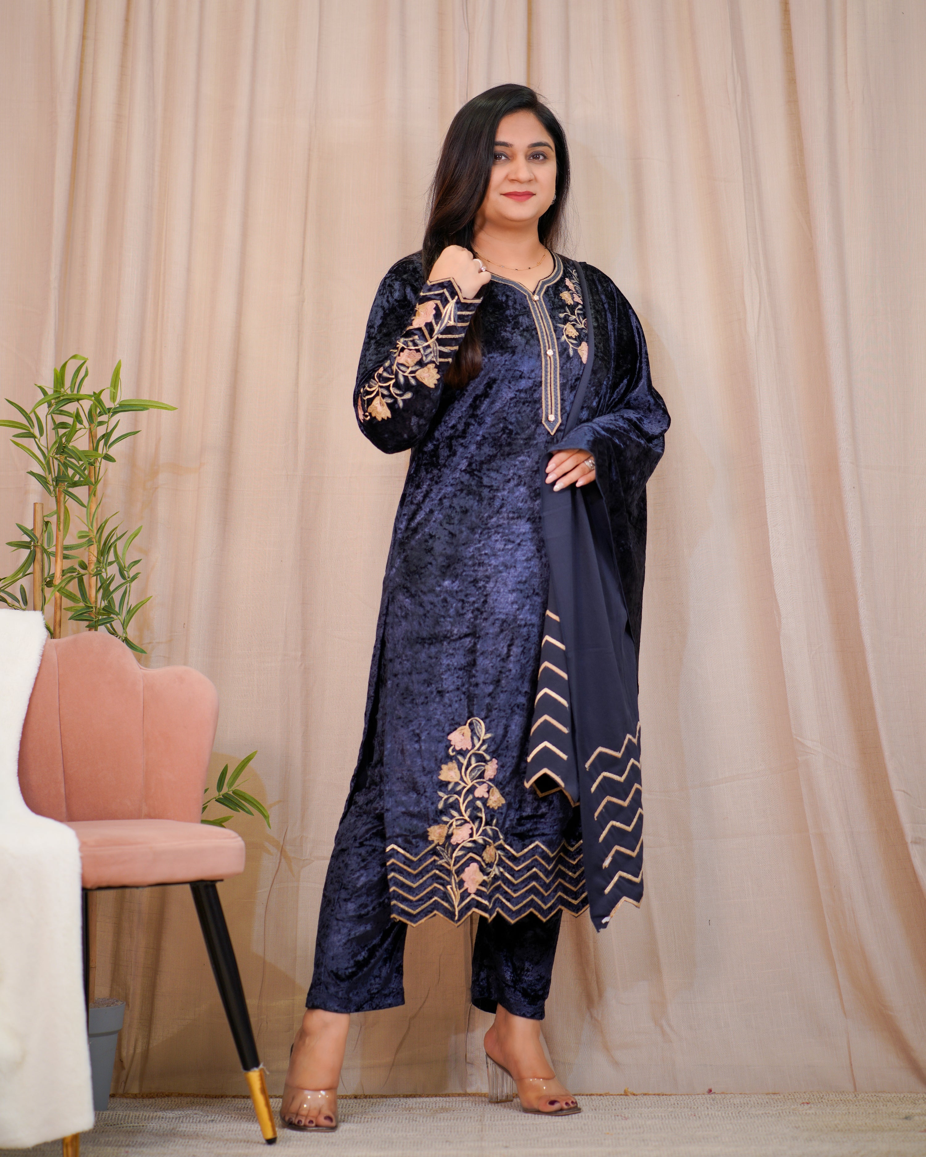 Premium Velvet Embroidered Dupatta Set - The Jaipur Studio