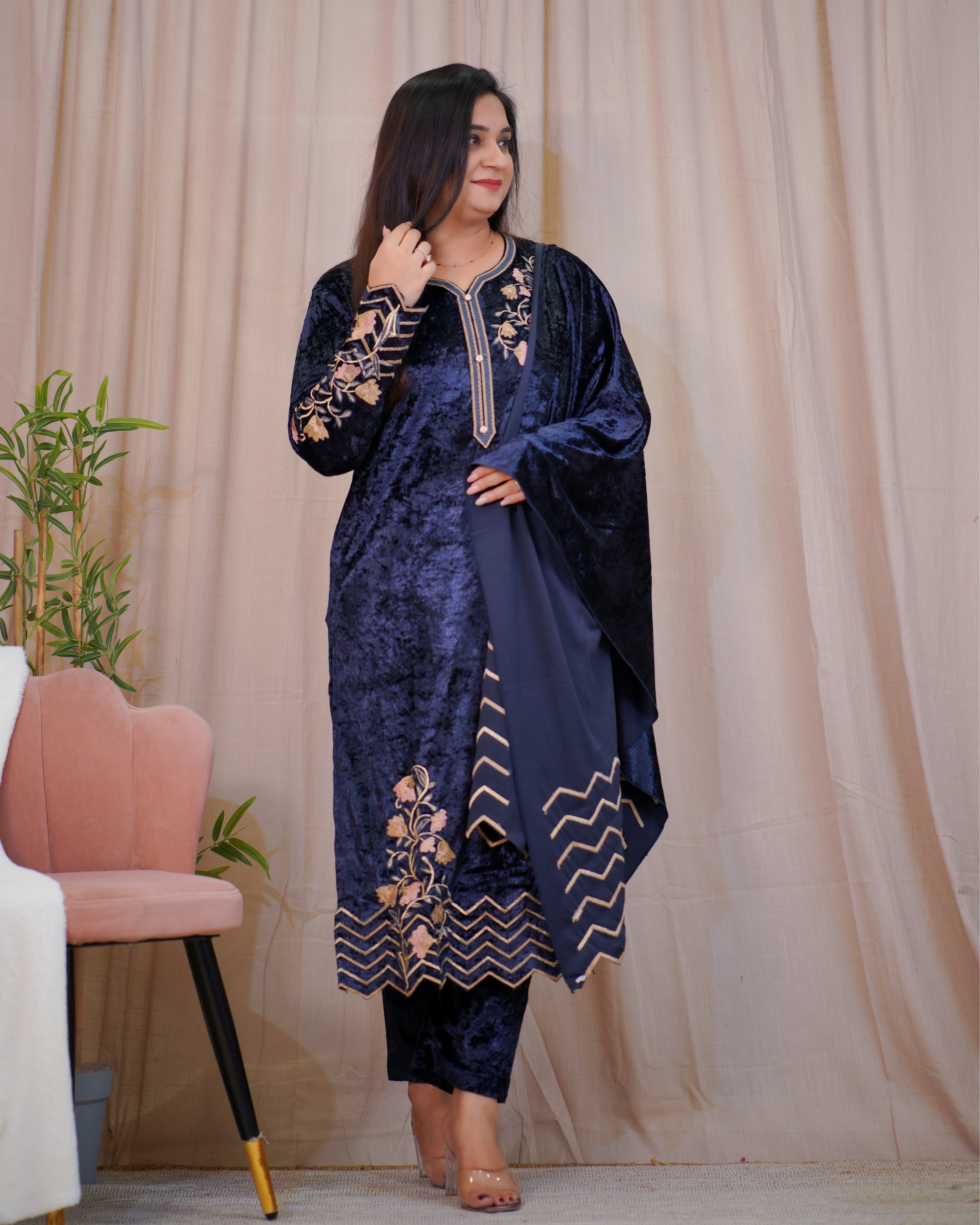 Premium Velvet Embroidered Dupatta Set - The Jaipur Studio