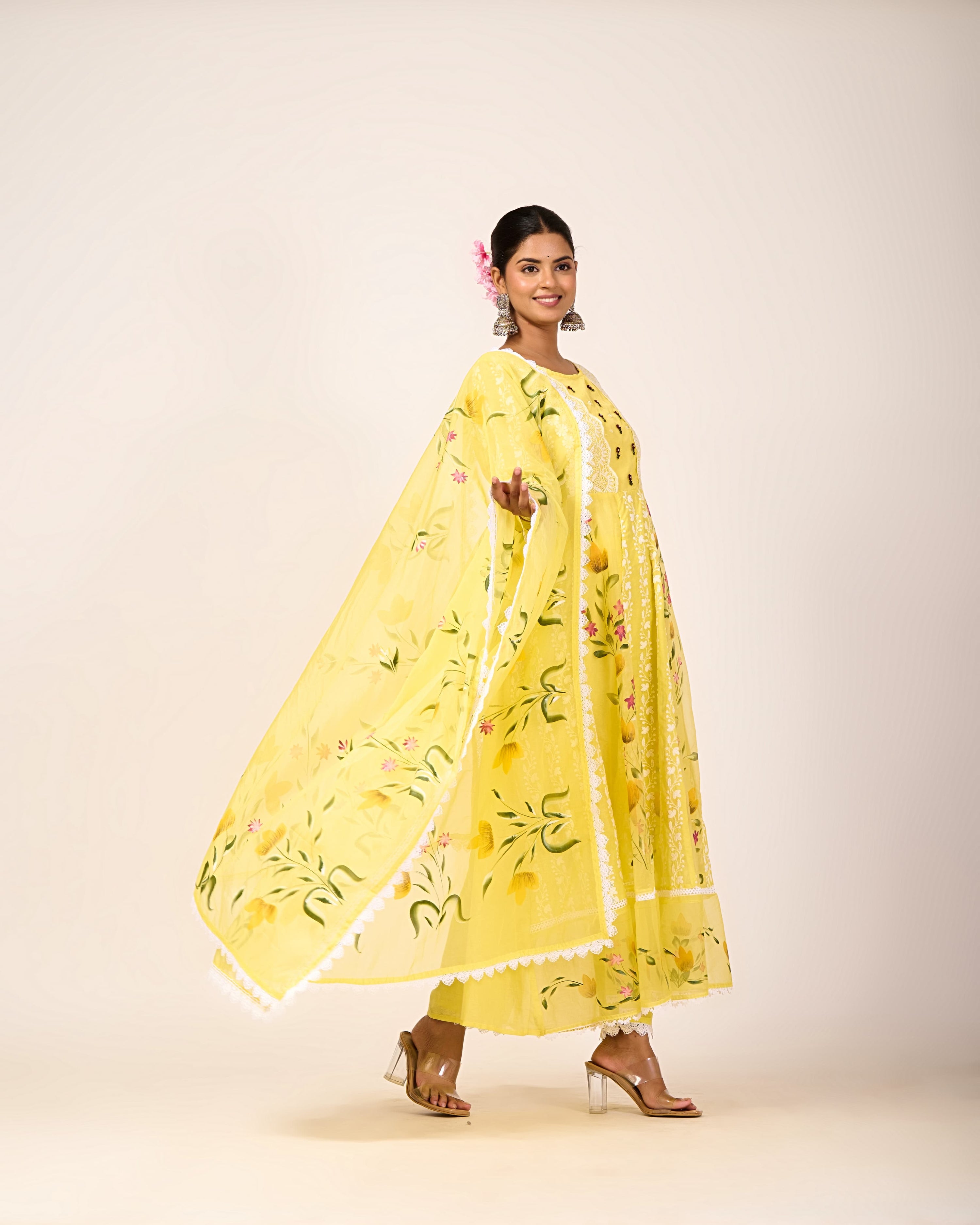 Cotton Schiffli Hand Brush Painted Anarkali Set - The Jaipur Studio