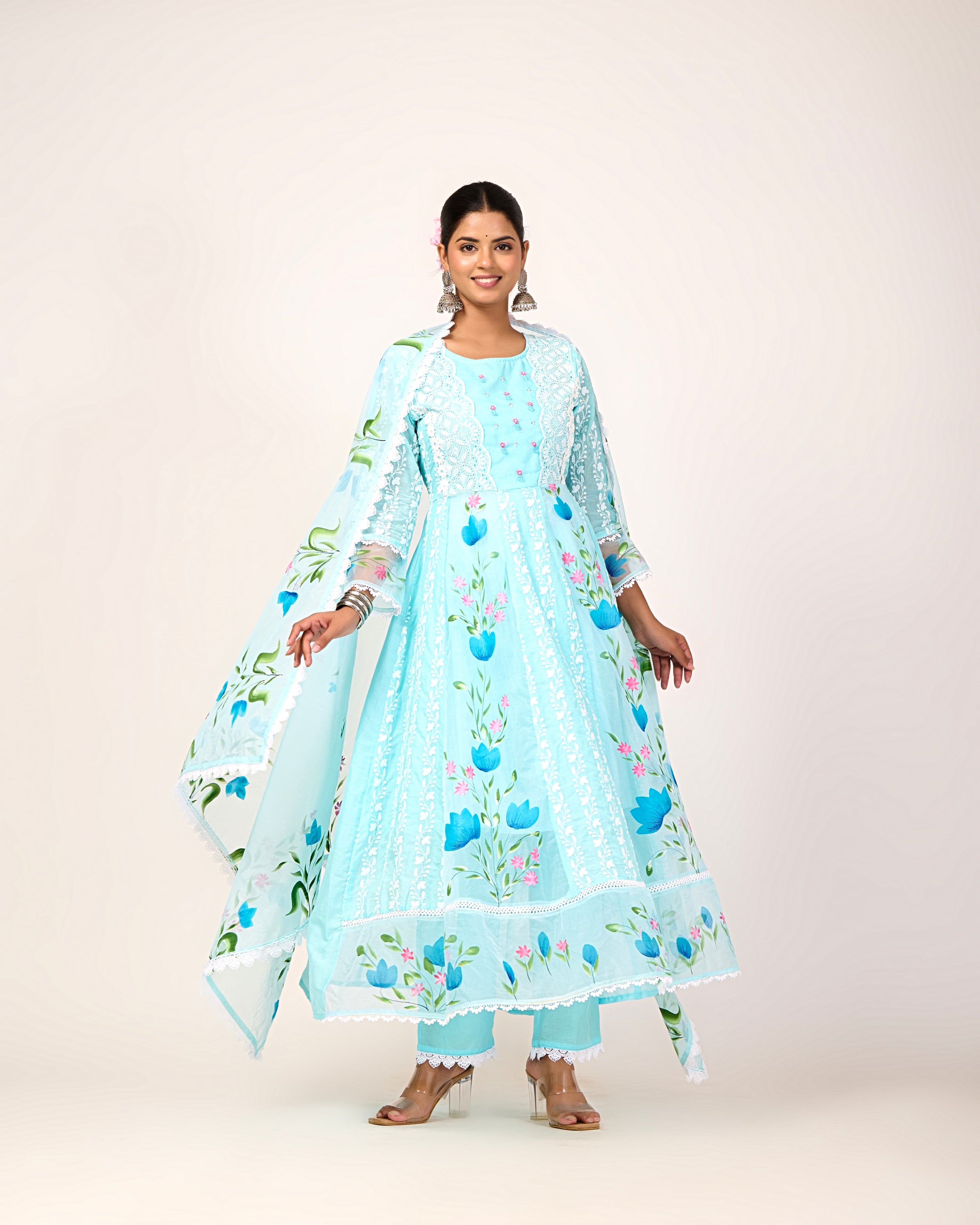 Cotton Schiffli Hand Brush Painted Anarkali Set - The Jaipur Studio