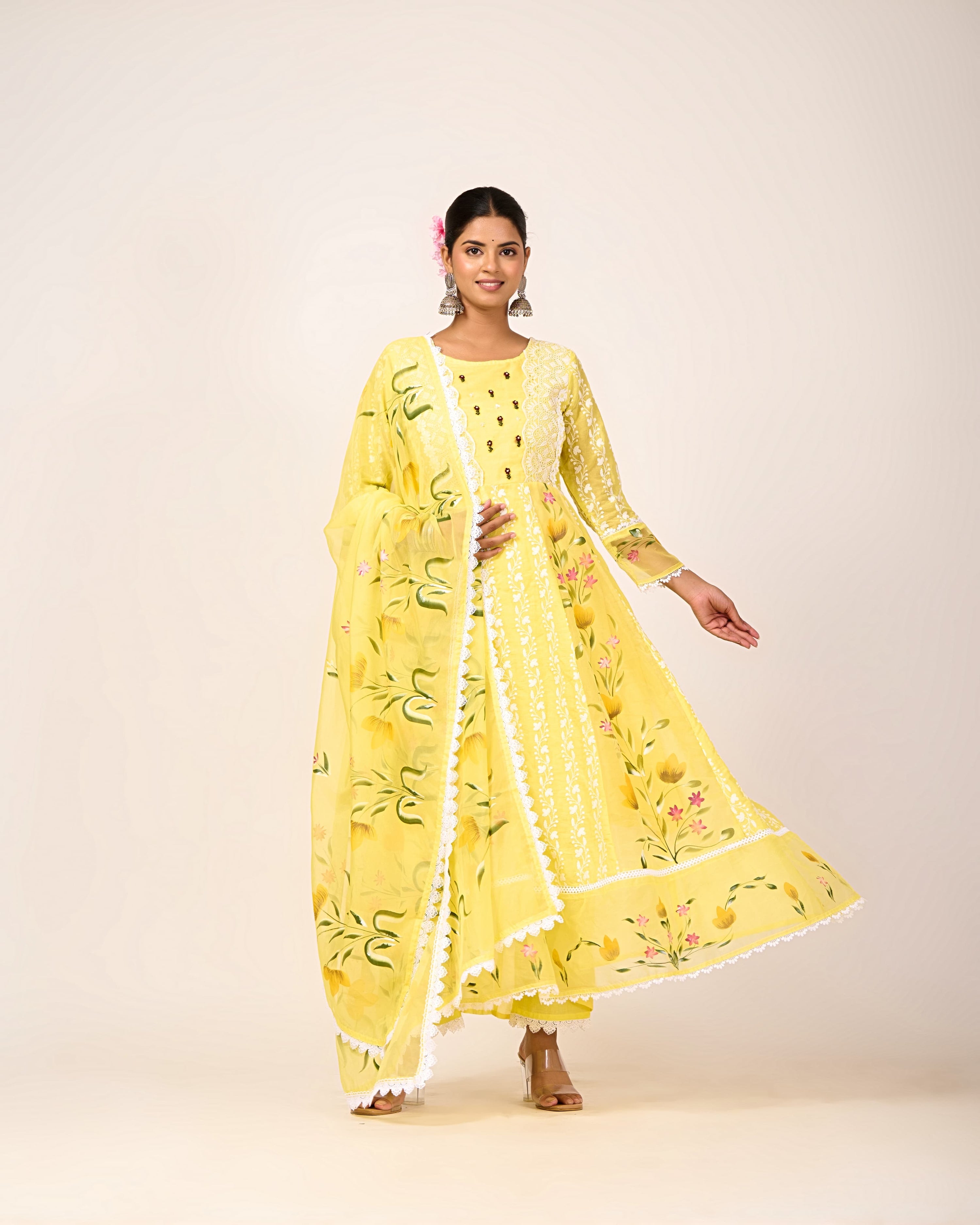 Cotton Schiffli Hand Brush Painted Anarkali Set - The Jaipur Studio