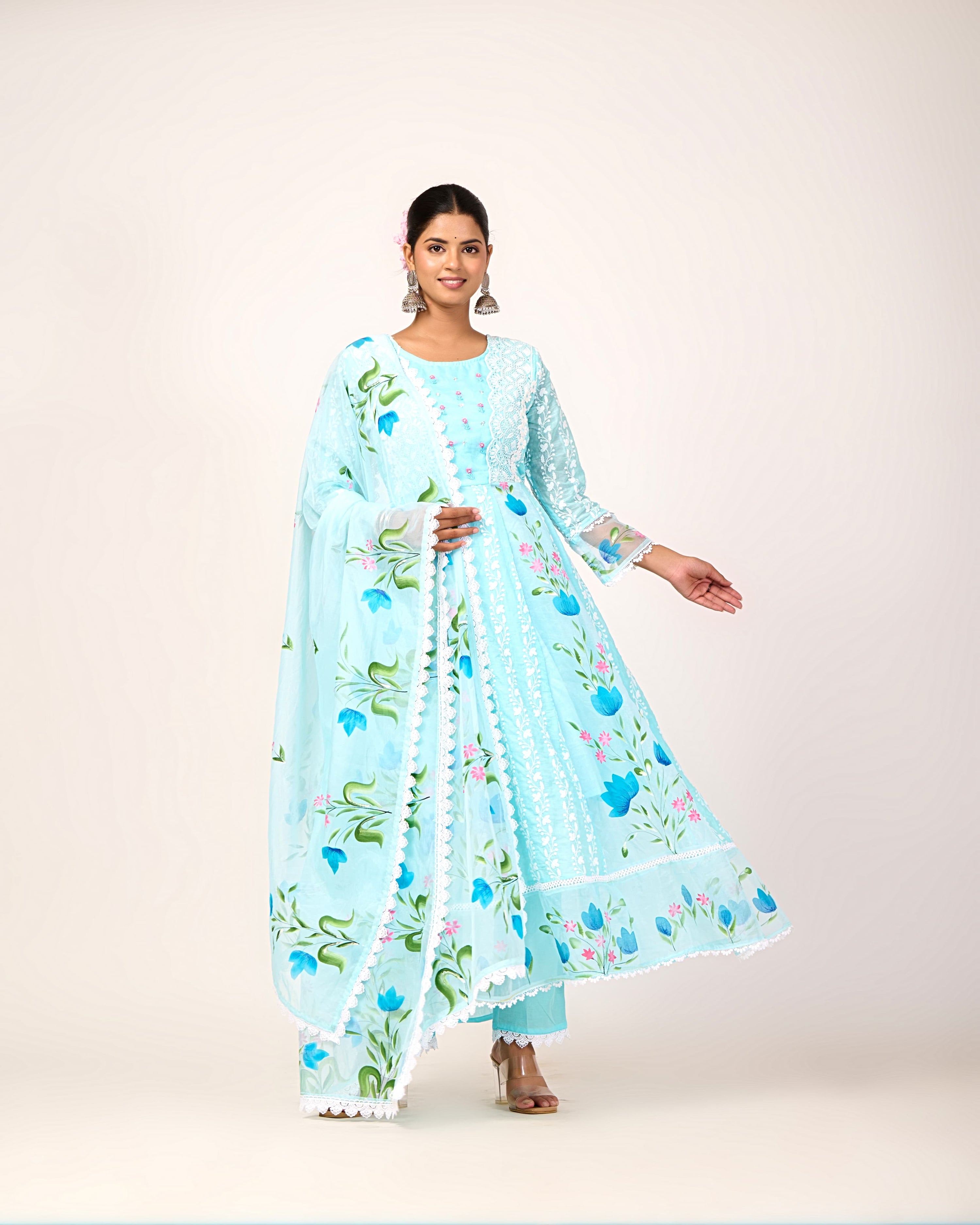 Cotton Schiffli Hand Brush Painted Anarkali Set - The Jaipur Studio