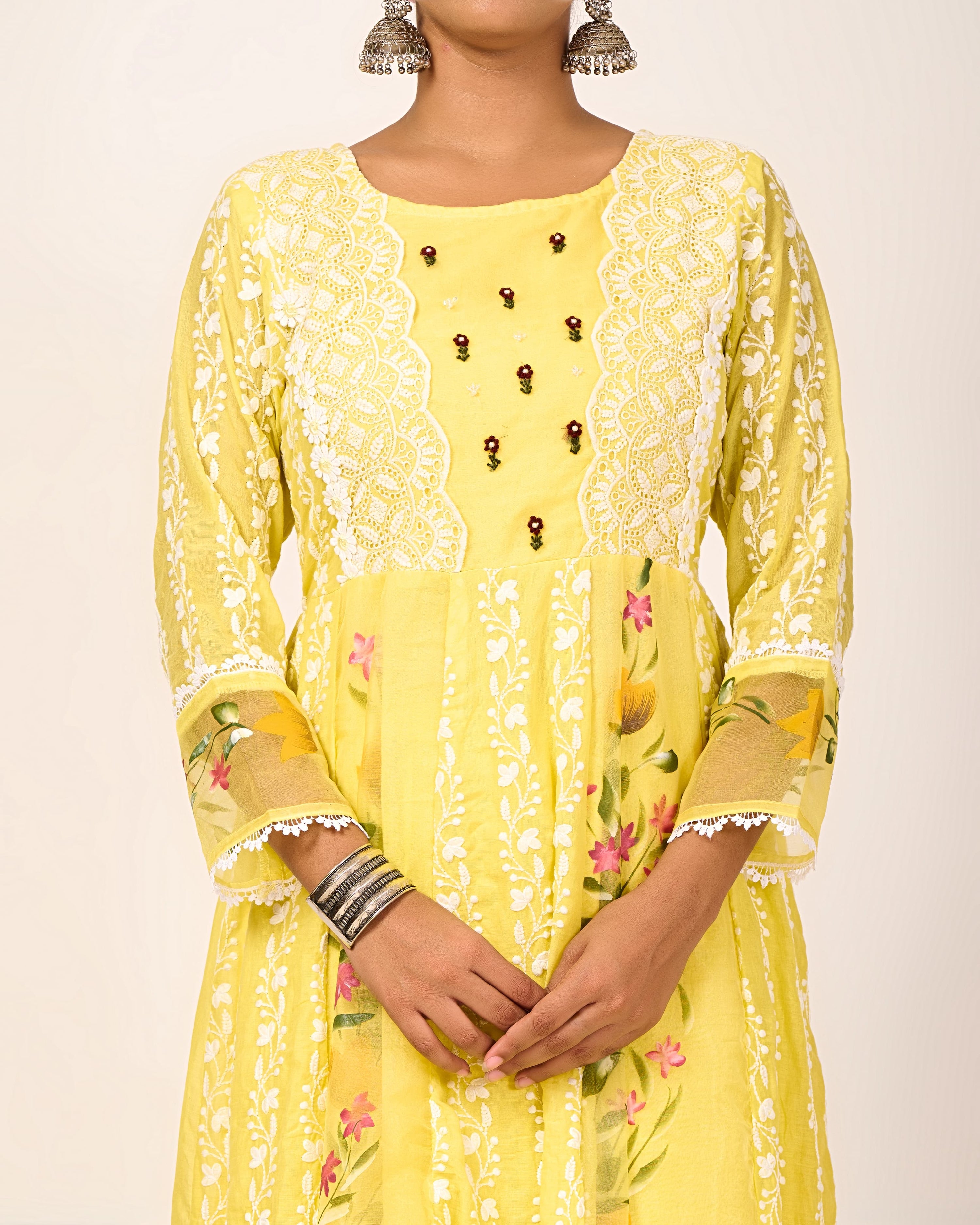 Cotton Schiffli Hand Brush Painted Anarkali Set - The Jaipur Studio