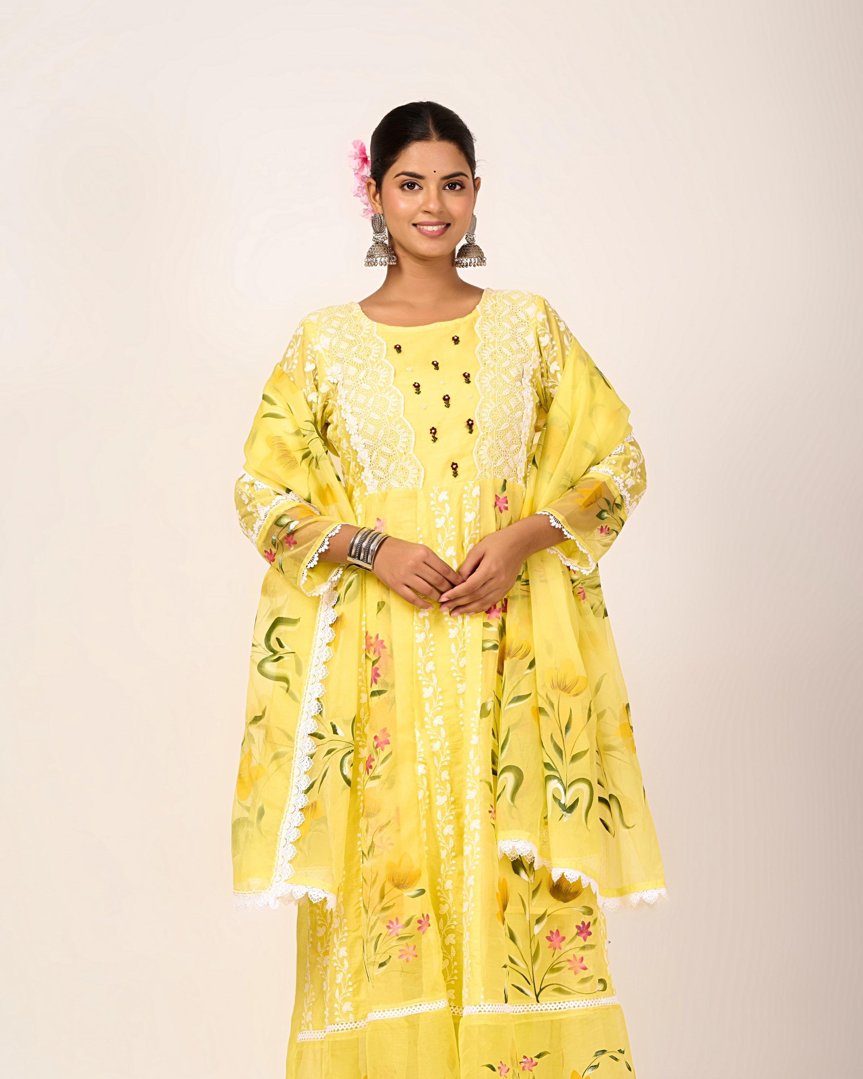 Cotton Schiffli Hand Brush Painted Anarkali Set - The Jaipur Studio