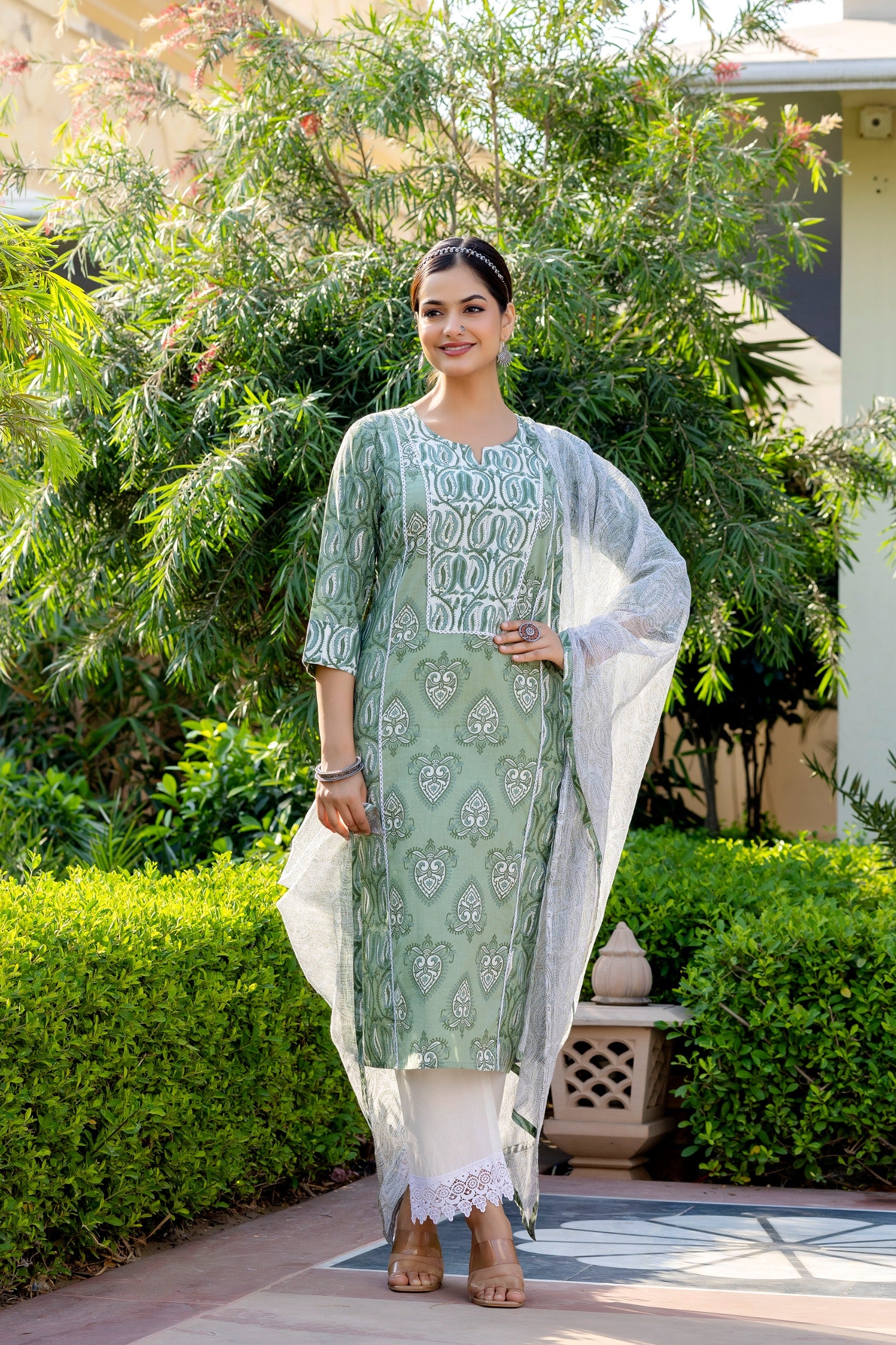 Mashia Cotton Pakistani Suit with Lace Detailing - The Jaipur Studio