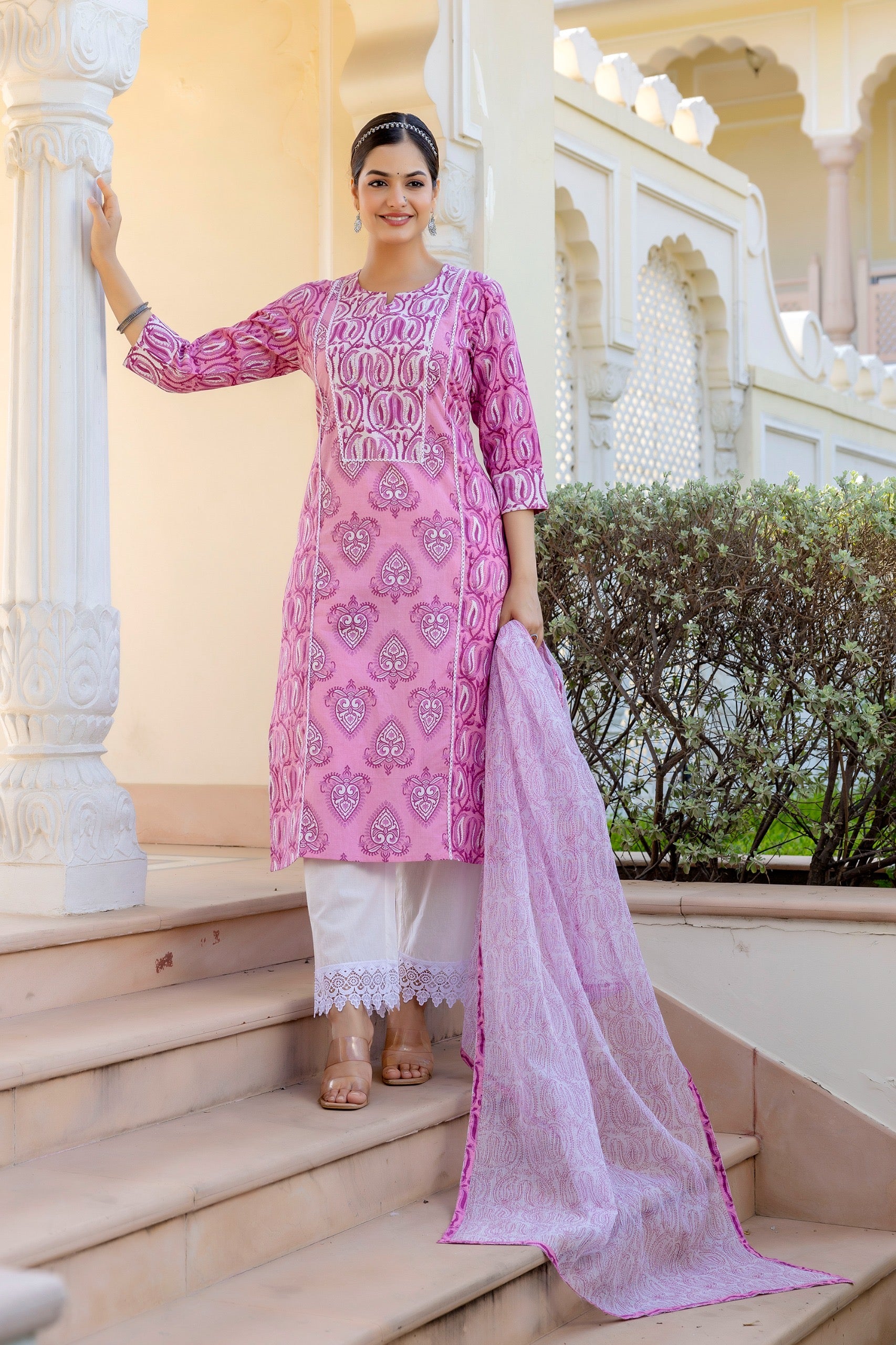 Mashia Cotton Pakistani Suit with Lace Detailing - The Jaipur Studio