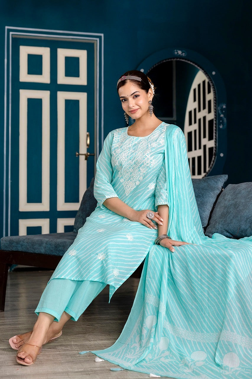 Premium Cotton Leheriya Embroidered Pant Set - The Jaipur Studio