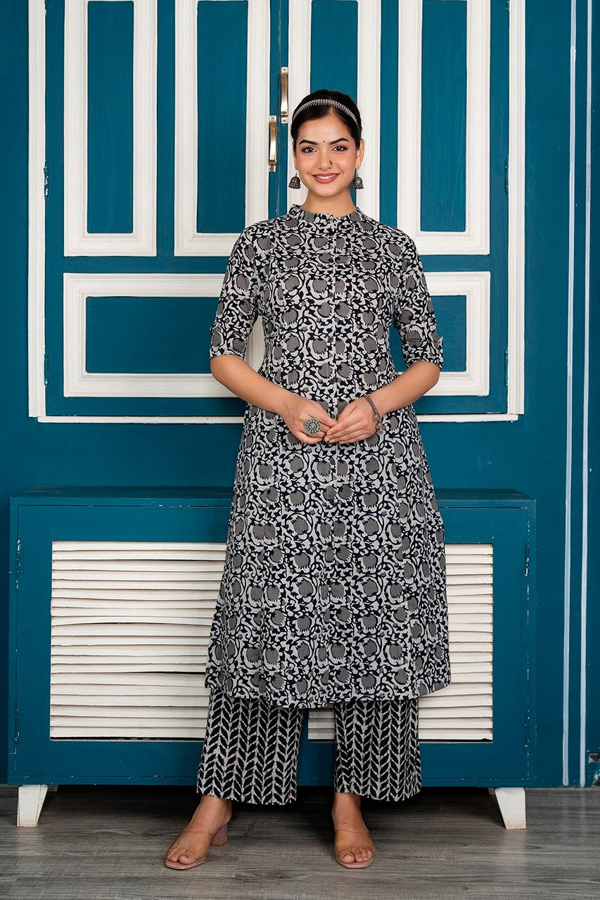 Grey Cotton Floral A-line Coord Set - The Jaipur Studio