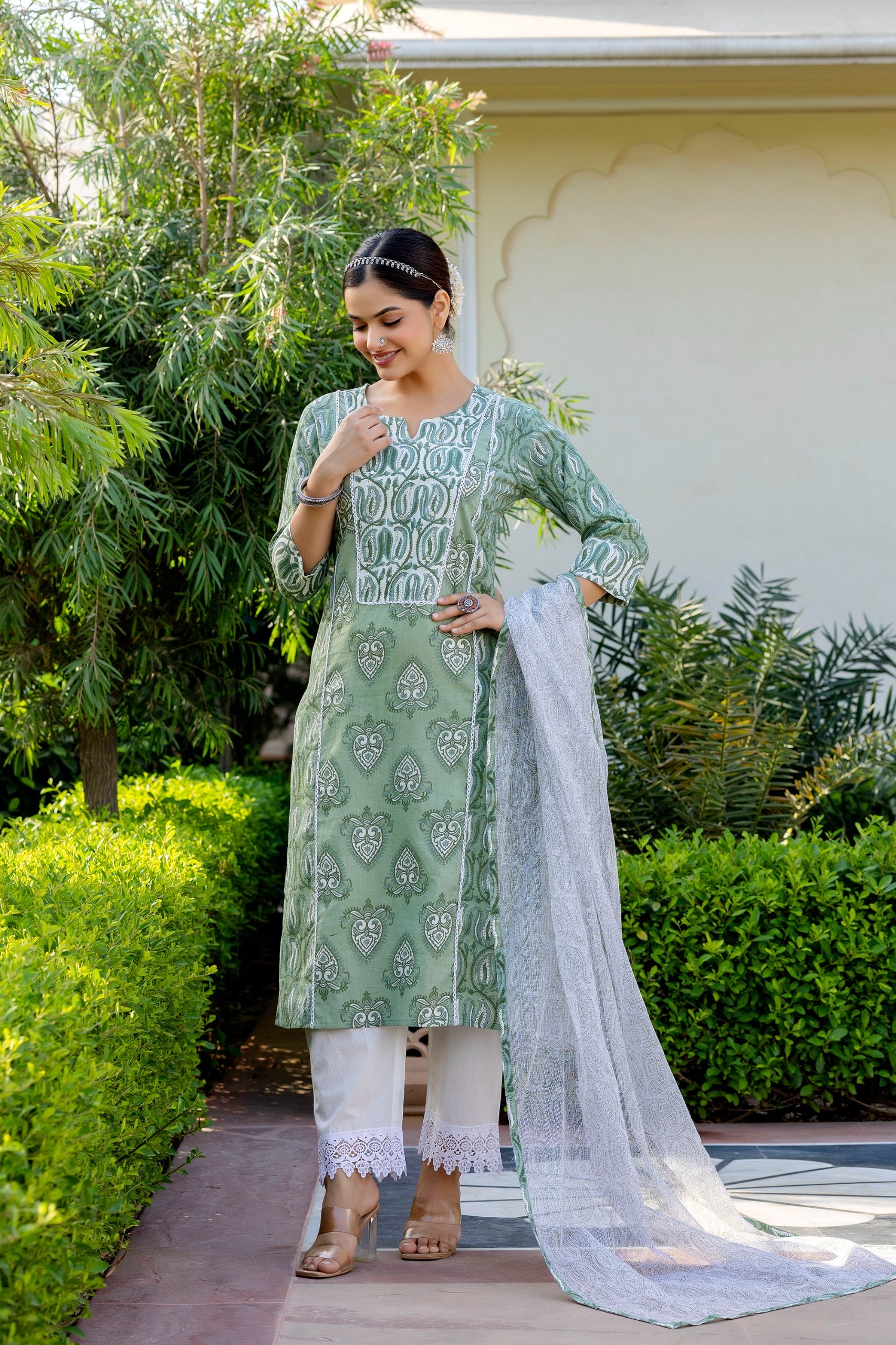 Mashia Cotton Pakistani Suit with Lace Detailing - The Jaipur Studio