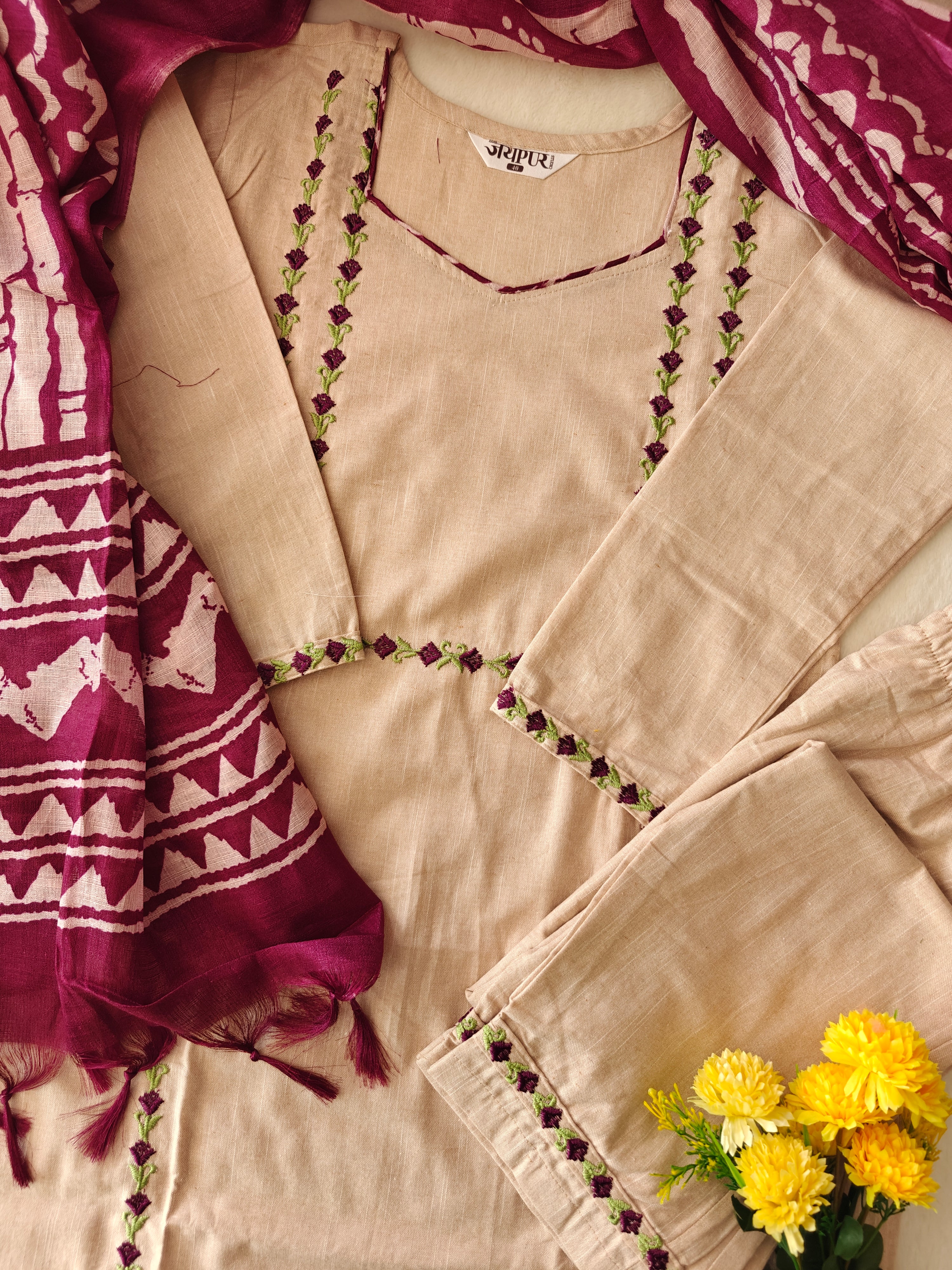 Cream Cotton Embroidered Pant Set - The Jaipur Studio
