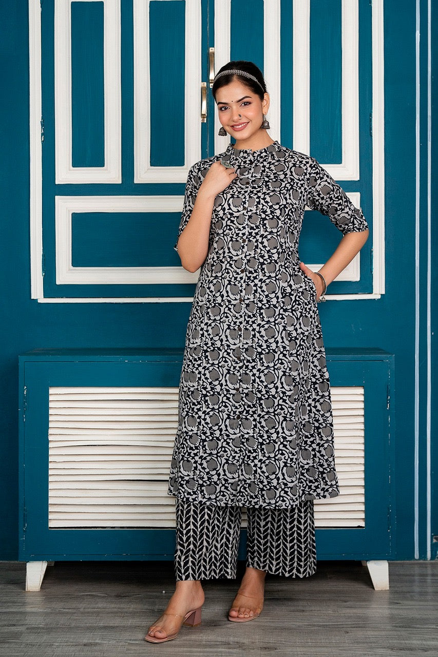 Grey Cotton Floral A-line Coord Set - The Jaipur Studio