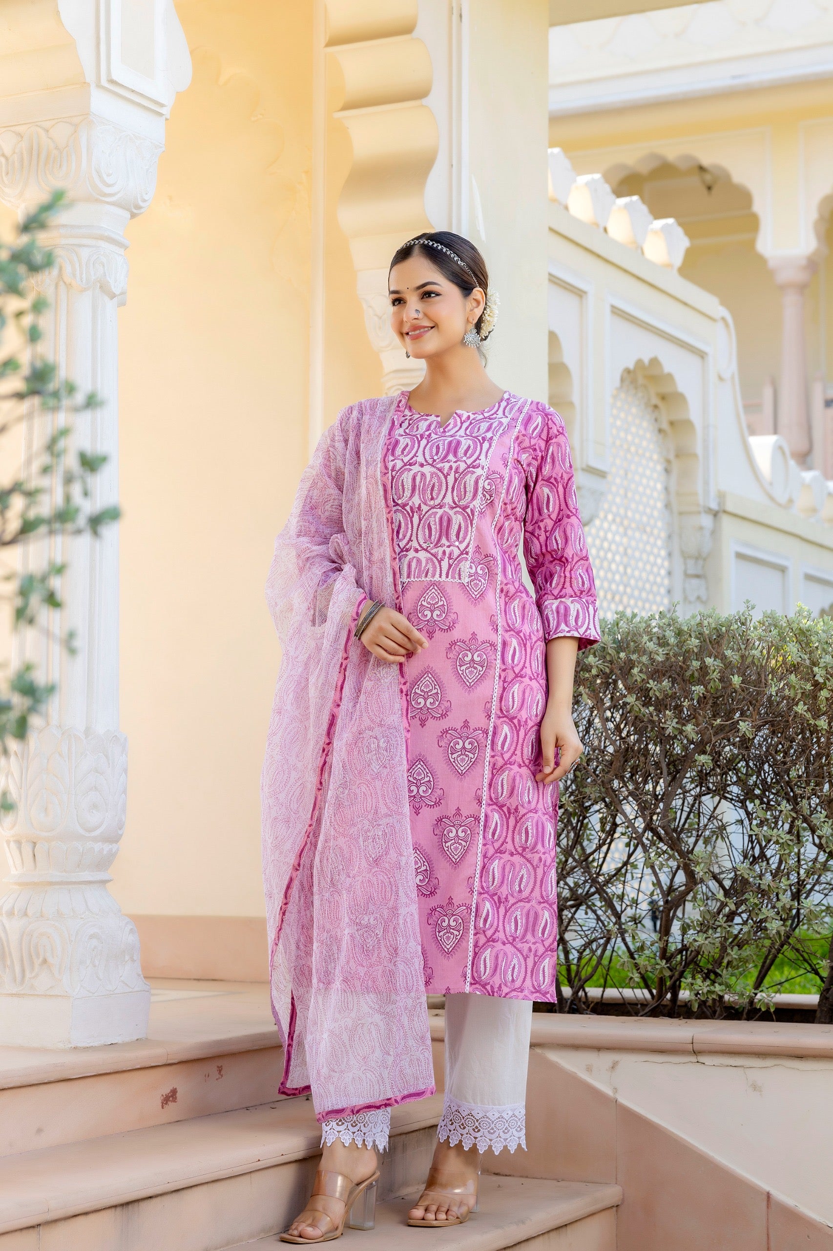 Mashia Cotton Pakistani Suit with Lace Detailing - The Jaipur Studio