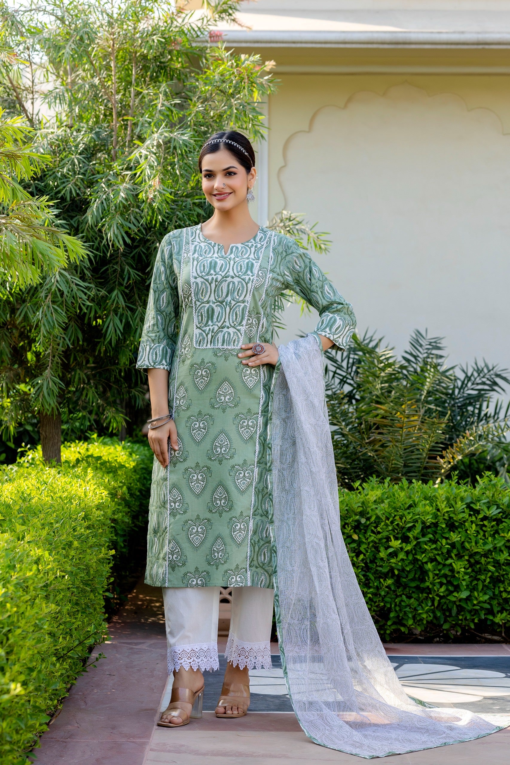 Mashia Cotton Pakistani Suit with Lace Detailing - The Jaipur Studio