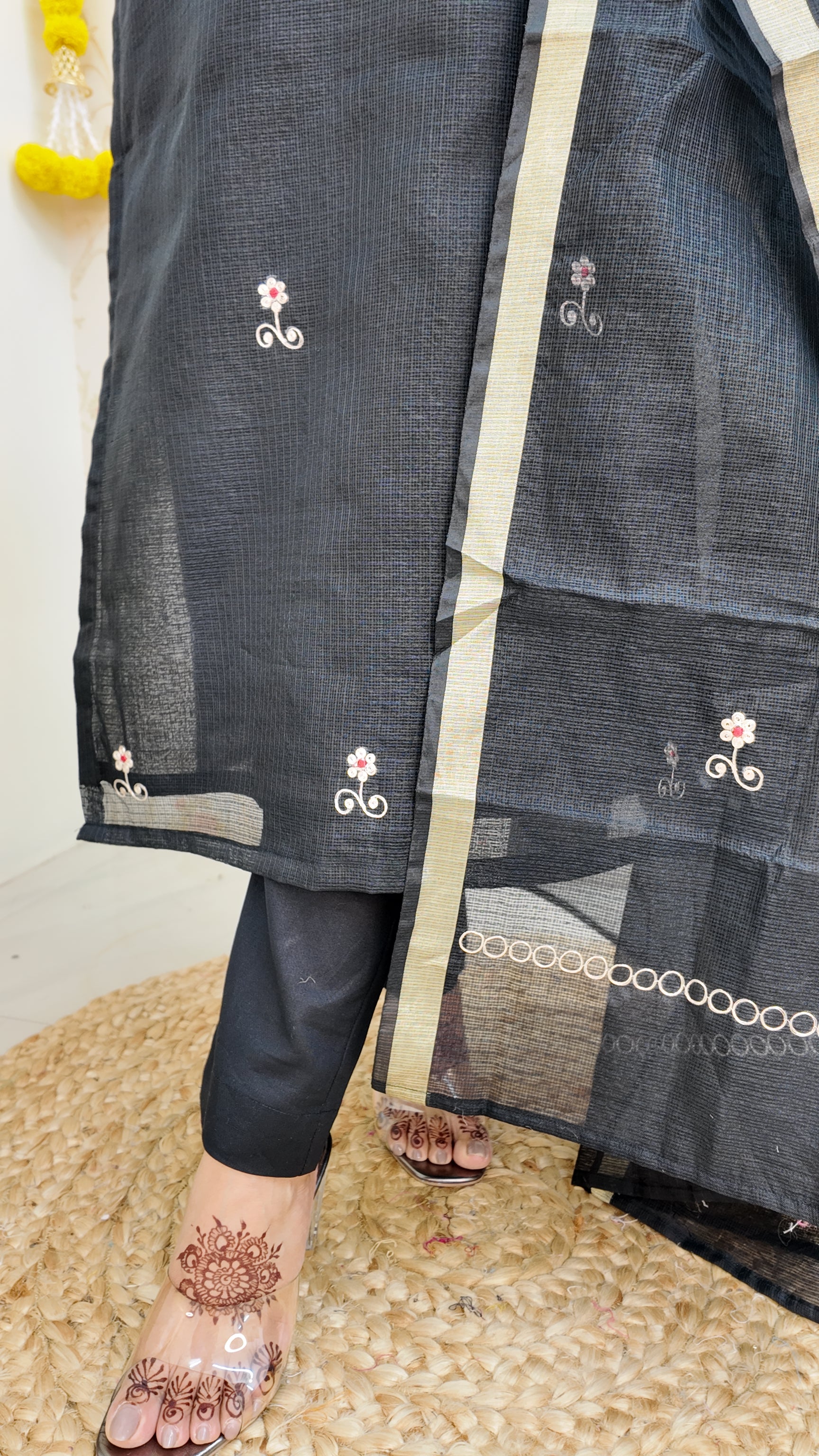 Black Kota Doria Embroidered Festive Pant Set - The Jaipur Studio