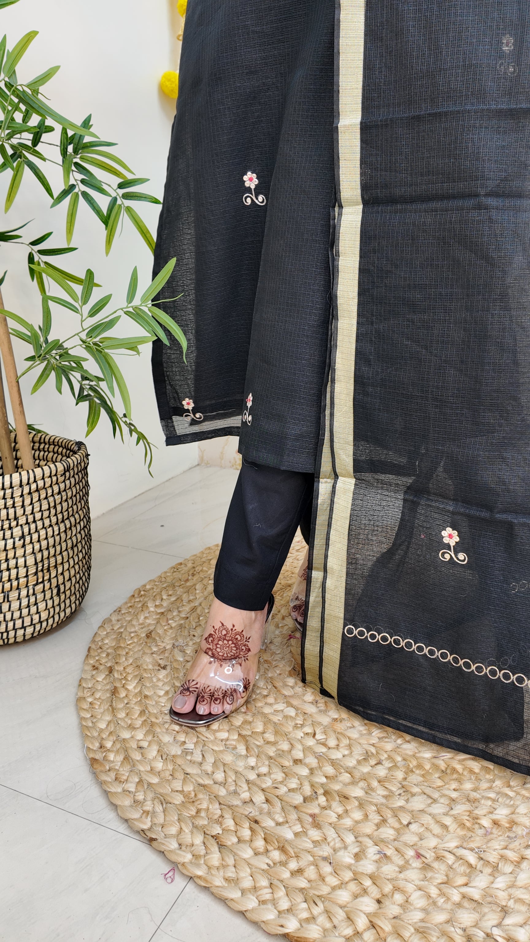 Black Kota Doria Embroidered Festive Pant Set - The Jaipur Studio