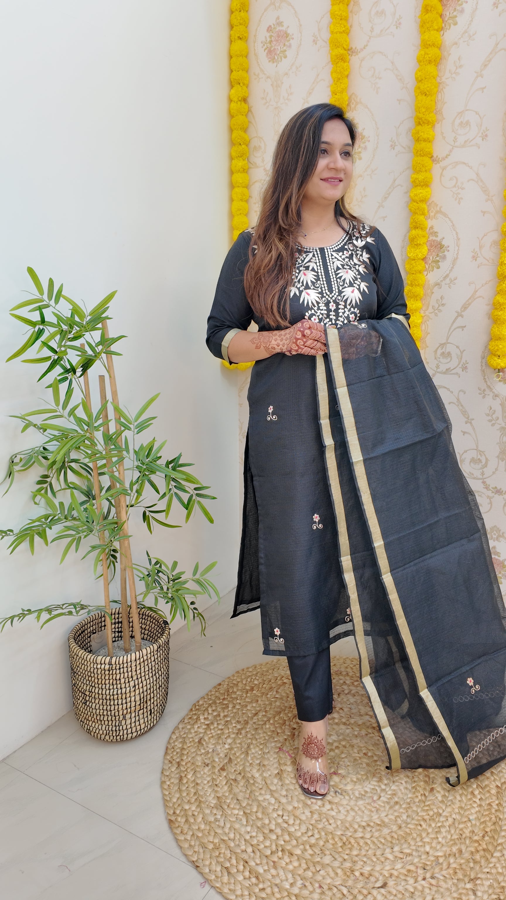 Black Kota Doria Embroidered Festive Pant Set - The Jaipur Studio