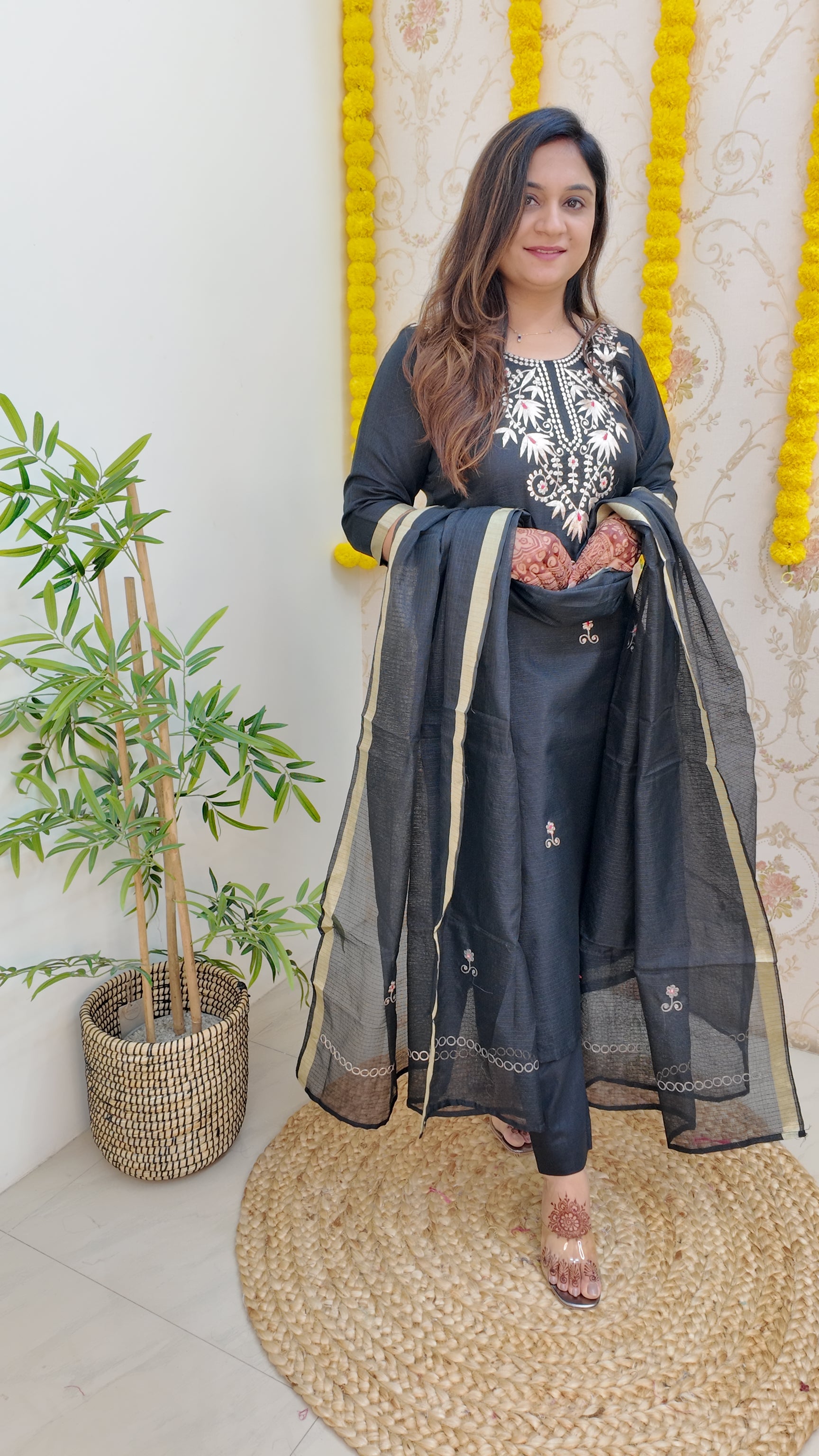 Black Kota Doria Embroidered Festive Pant Set - The Jaipur Studio