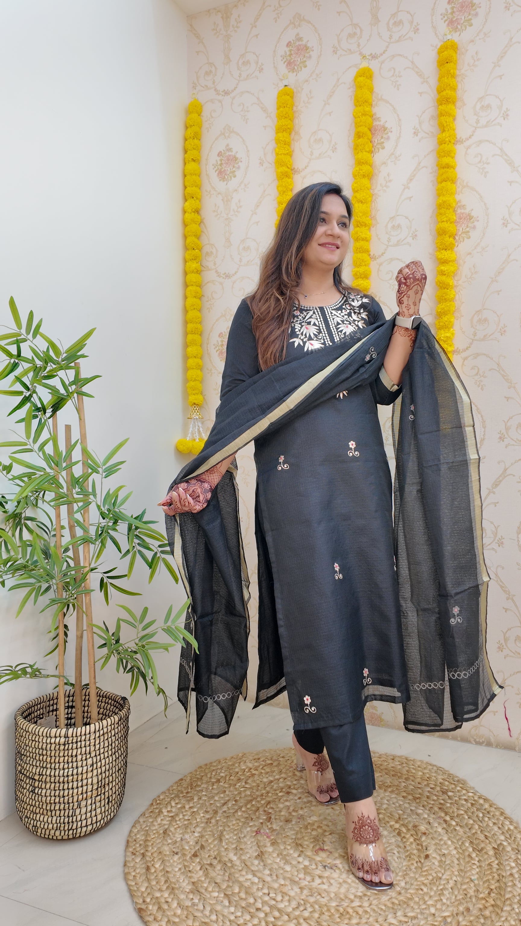 Black Kota Doria Embroidered Festive Pant Set - The Jaipur Studio