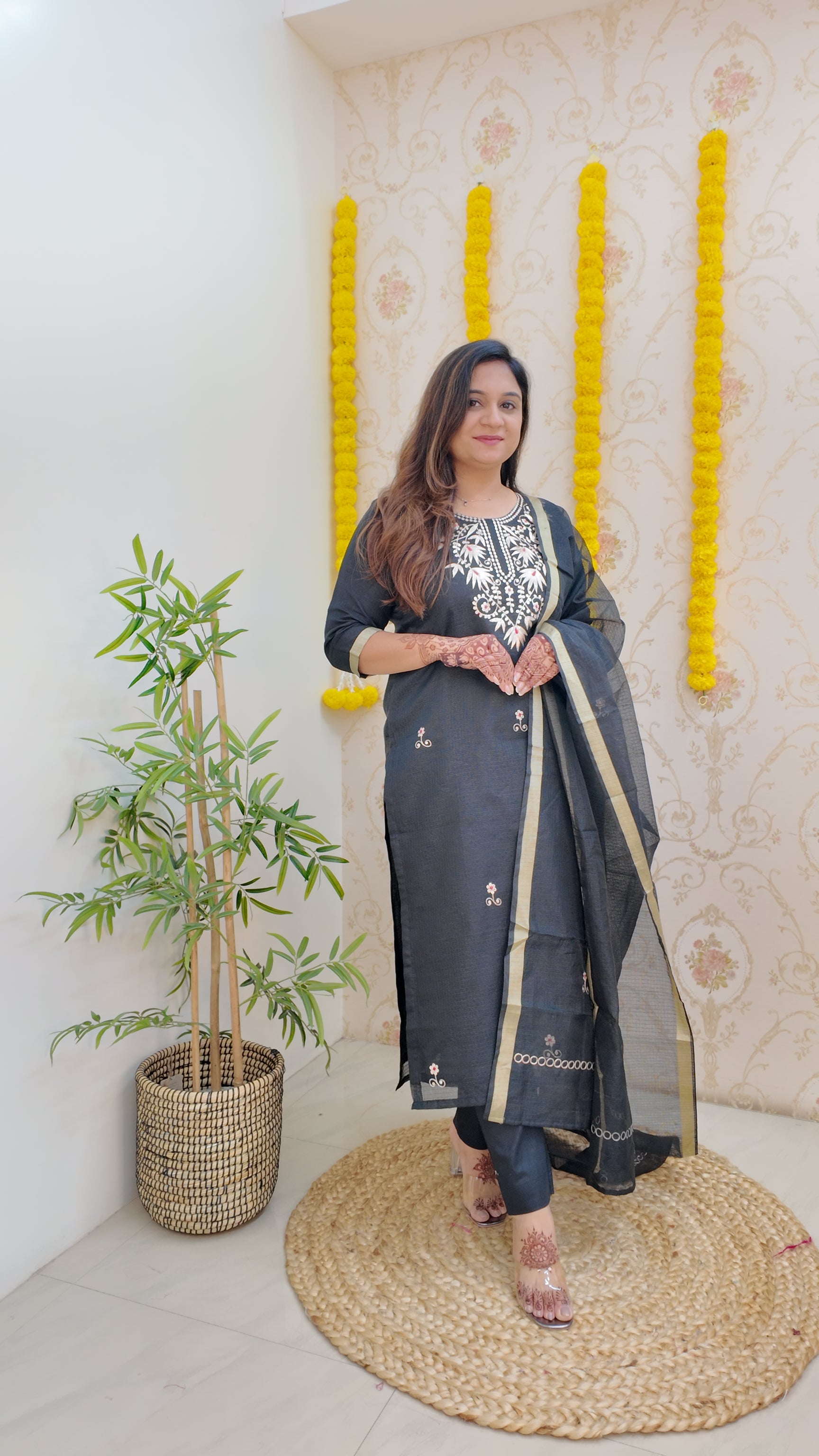Black Kota Doria Embroidered Festive Pant Set - The Jaipur Studio