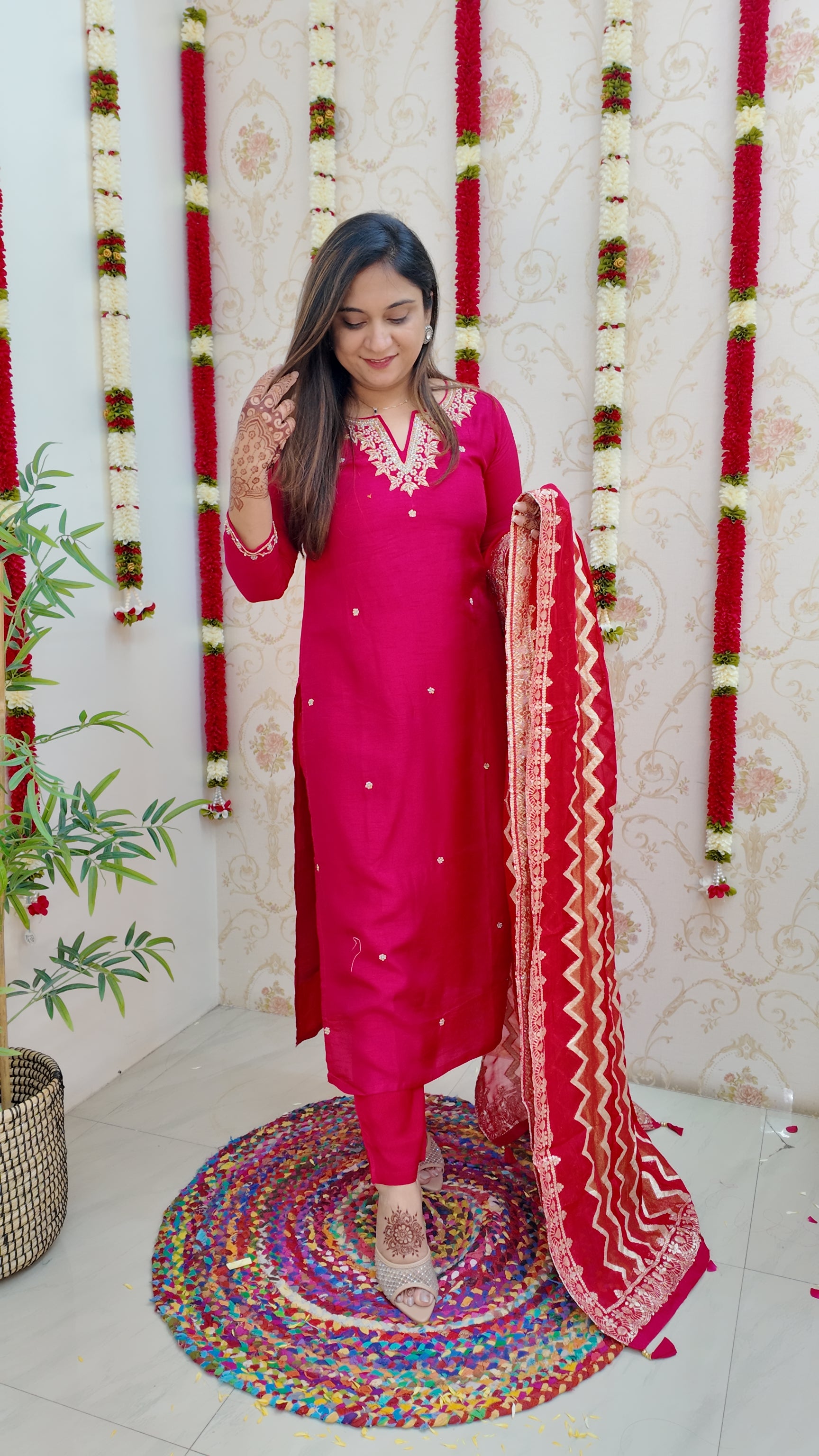 Neria Silk Hand Embroidered Festive Pant Set - The Jaipur Studio