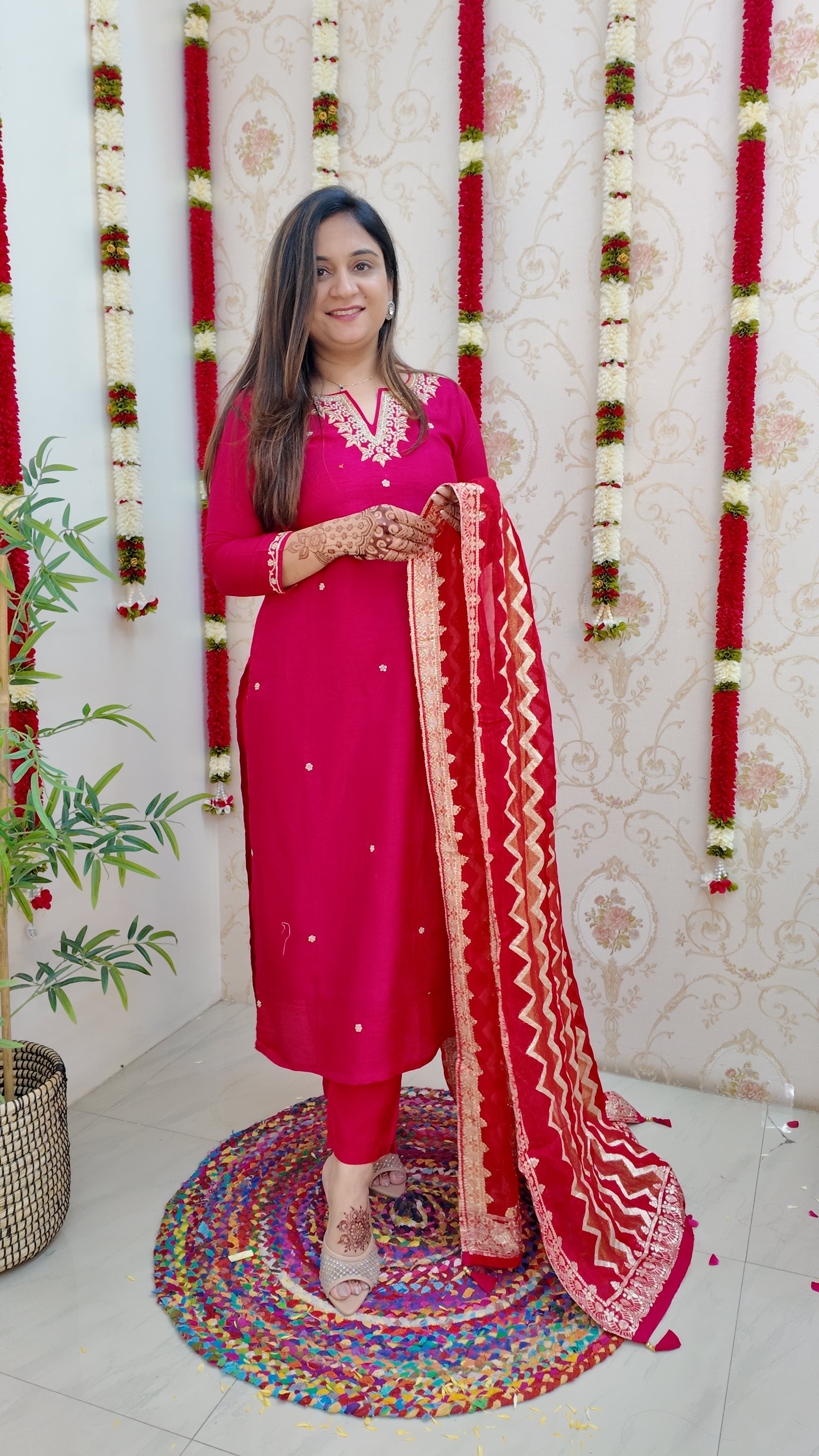 Neria Silk Hand Embroidered Festive Pant Set - The Jaipur Studio