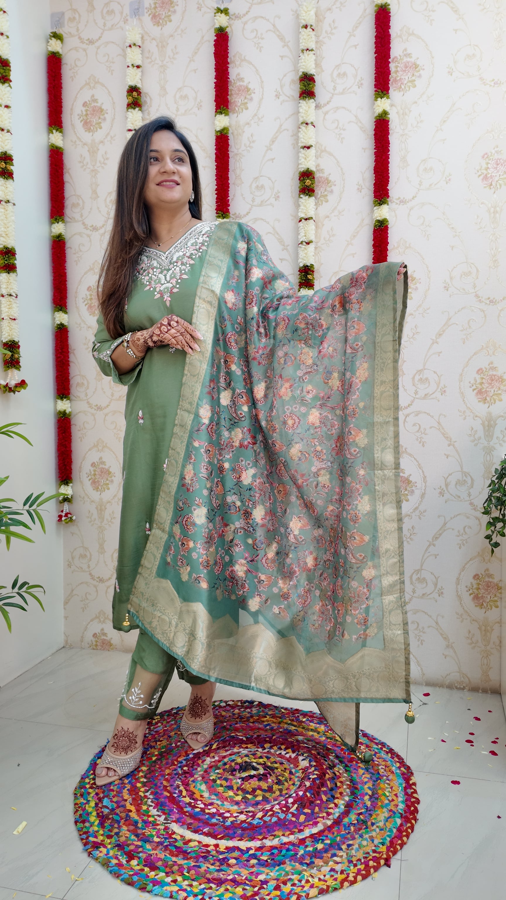 Kaira Silk Hand embroidered Festive Pant Set - The Jaipur Studio