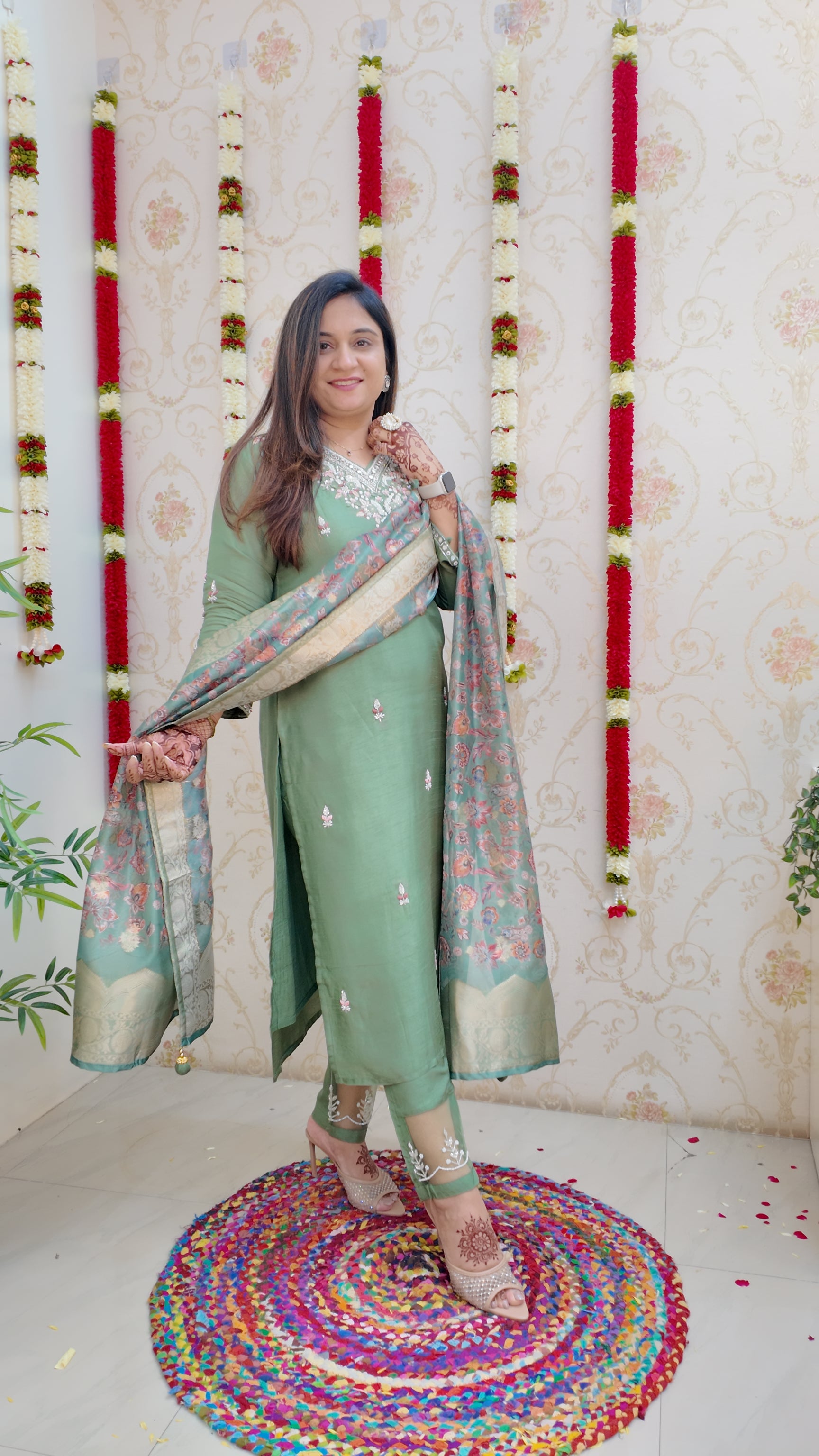 Kaira Silk Hand embroidered Festive Pant Set - The Jaipur Studio
