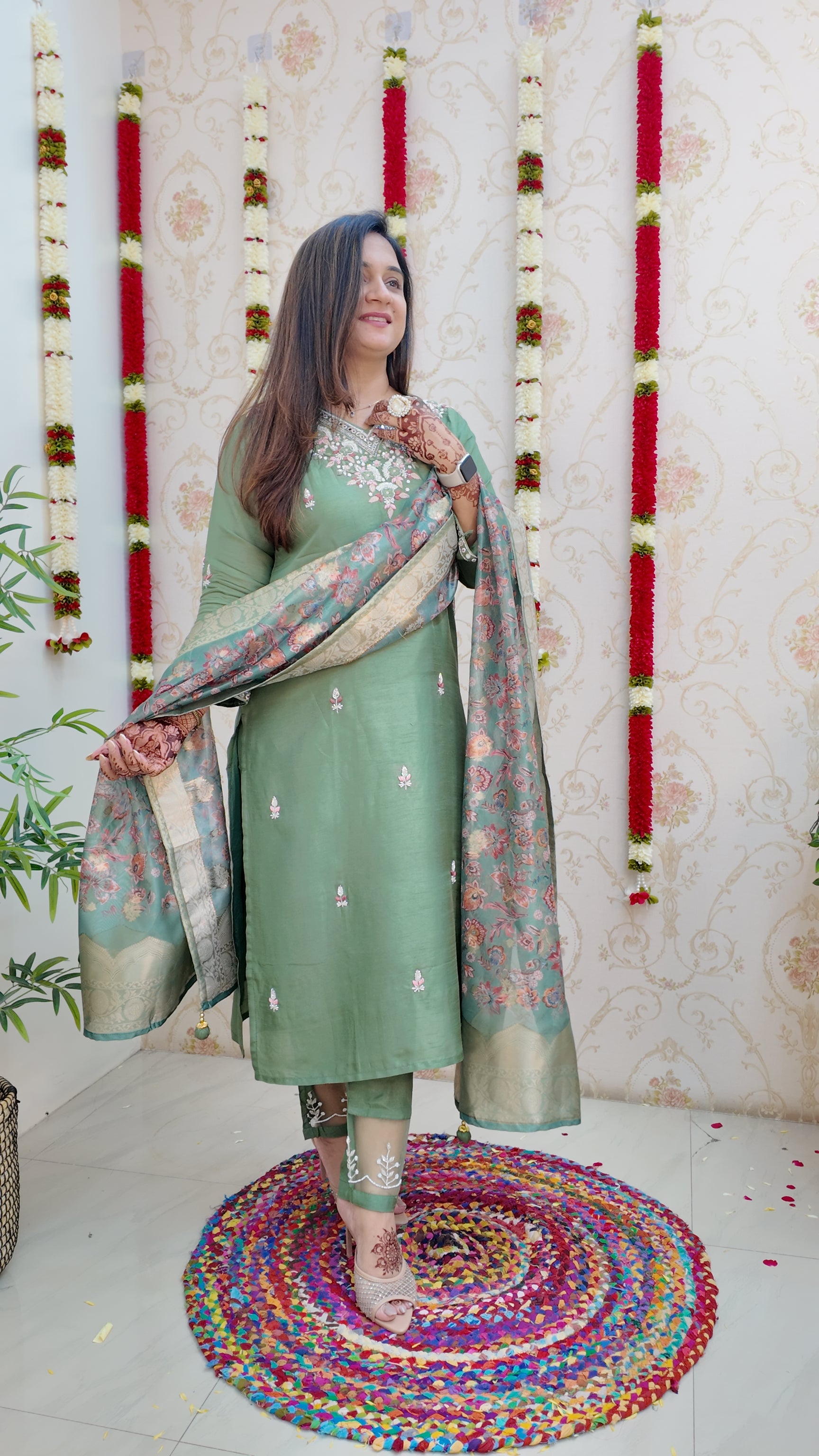 Kaira Silk Hand embroidered Festive Pant Set - The Jaipur Studio