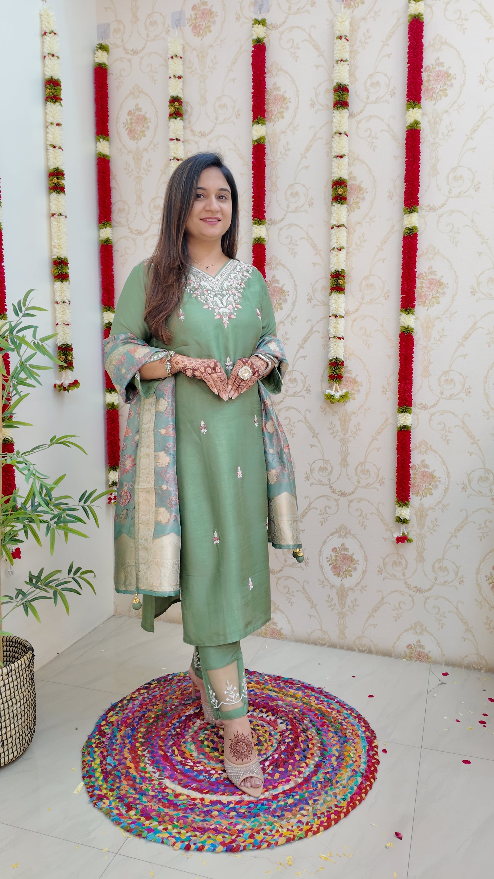 Kaira Silk Hand embroidered Festive Pant Set - The Jaipur Studio