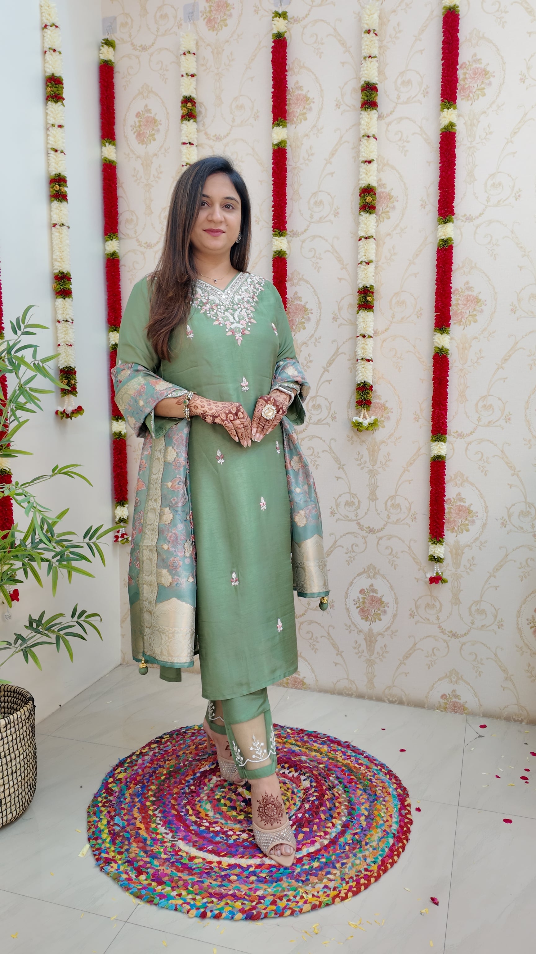 Kaira Silk Hand embroidered Festive Pant Set - The Jaipur Studio