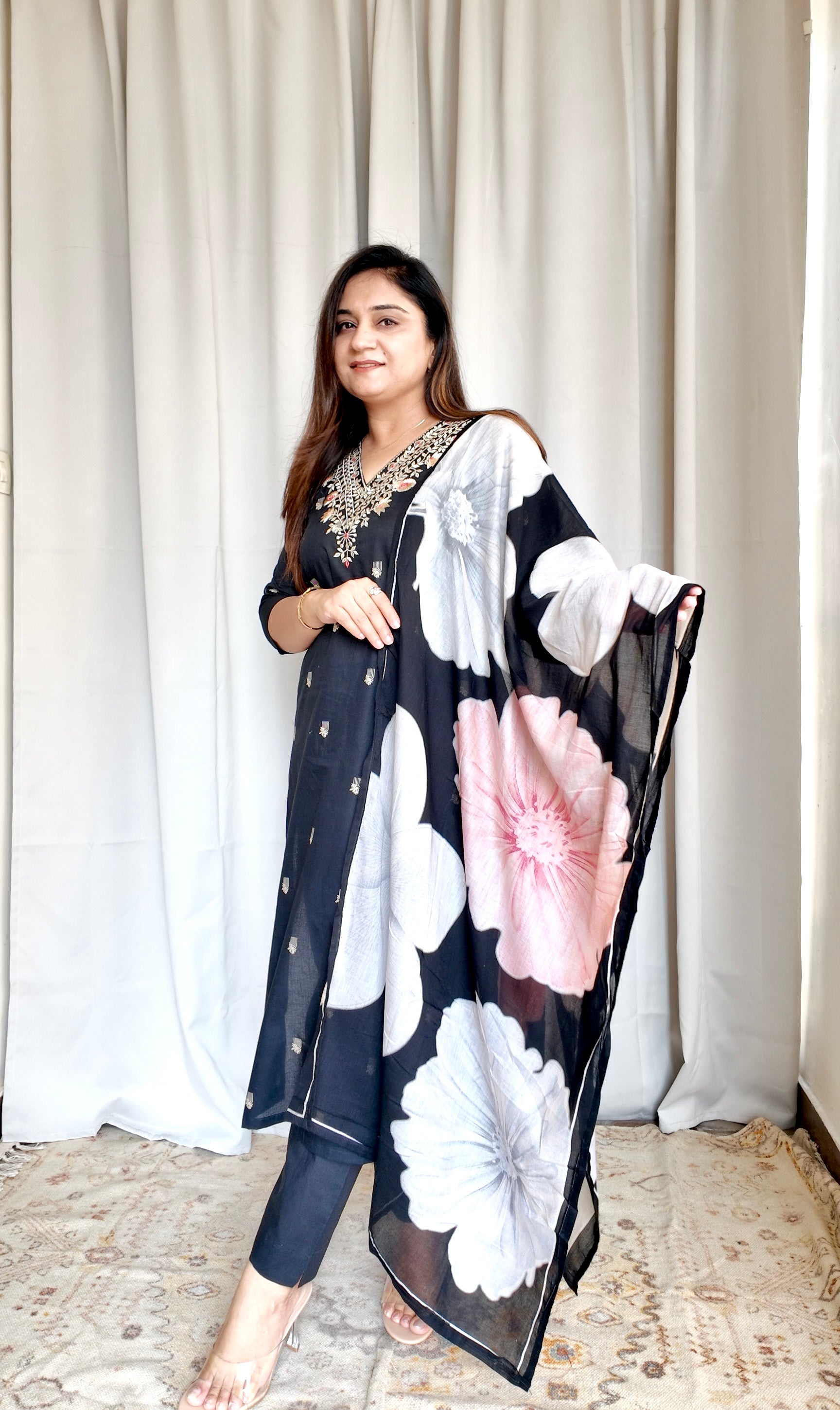 Black Floral Cotton Embroidered Pant Set - The Jaipur Studio