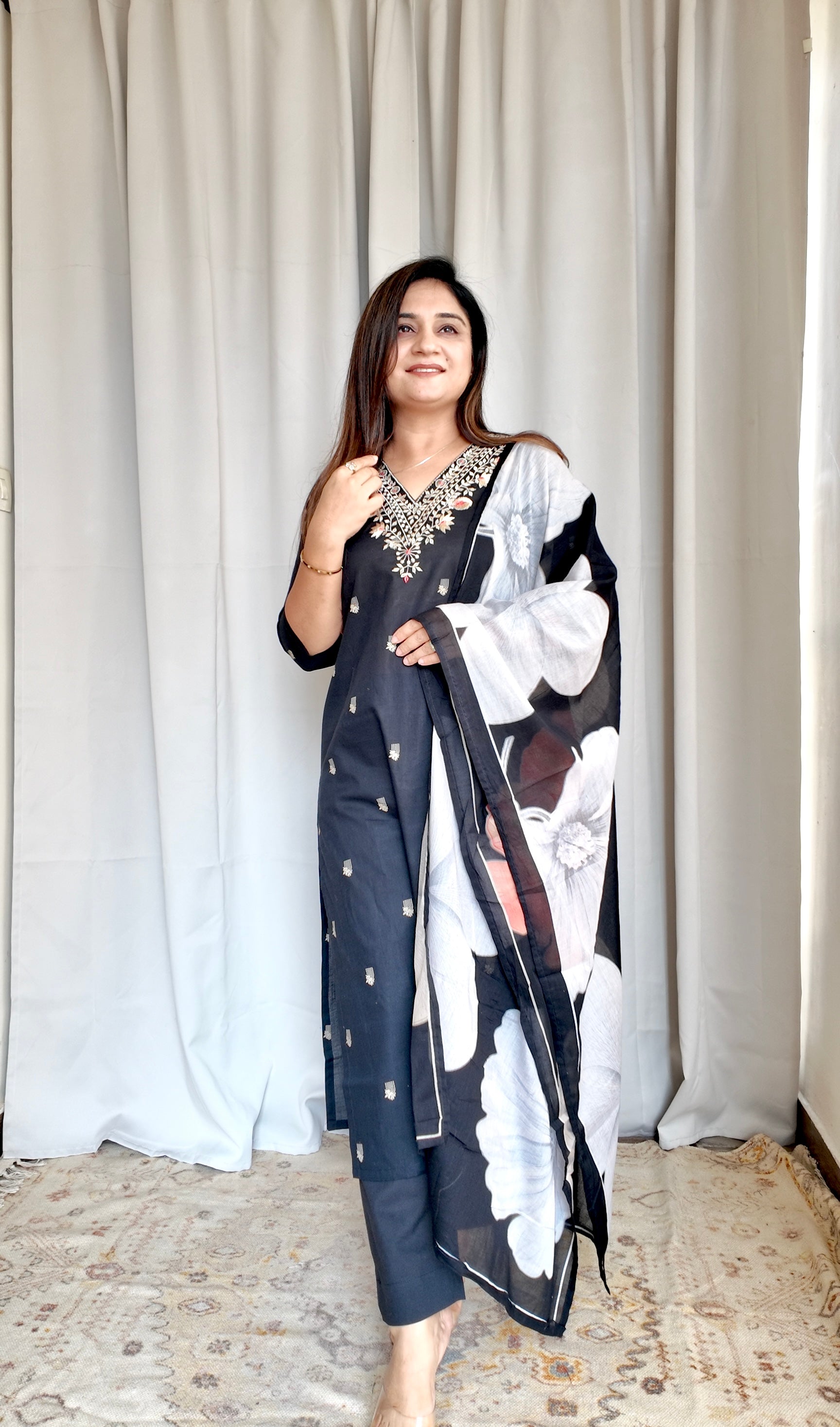 Black Floral Cotton Embroidered Pant Set - The Jaipur Studio