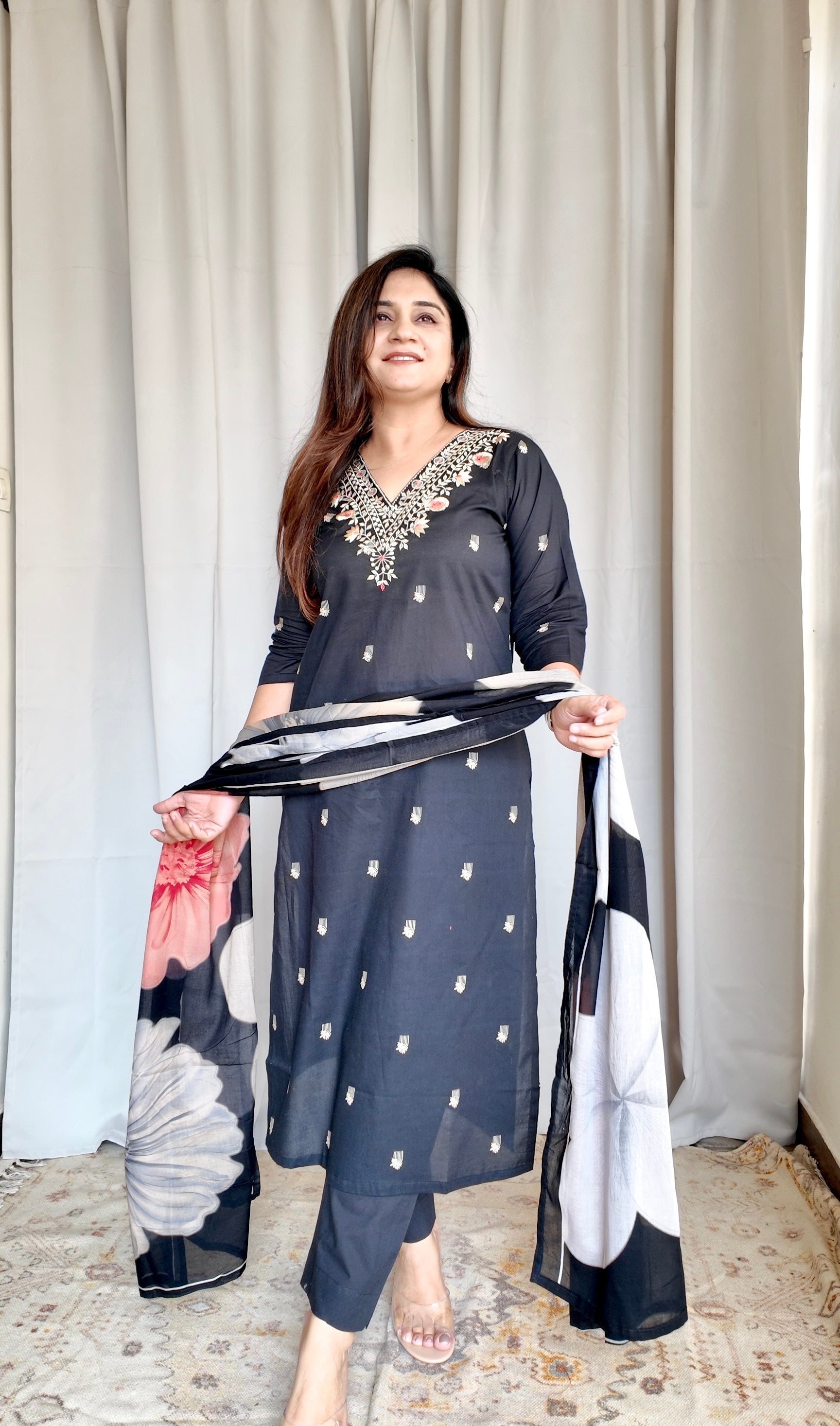 Black Floral Cotton Embroidered Pant Set - The Jaipur Studio