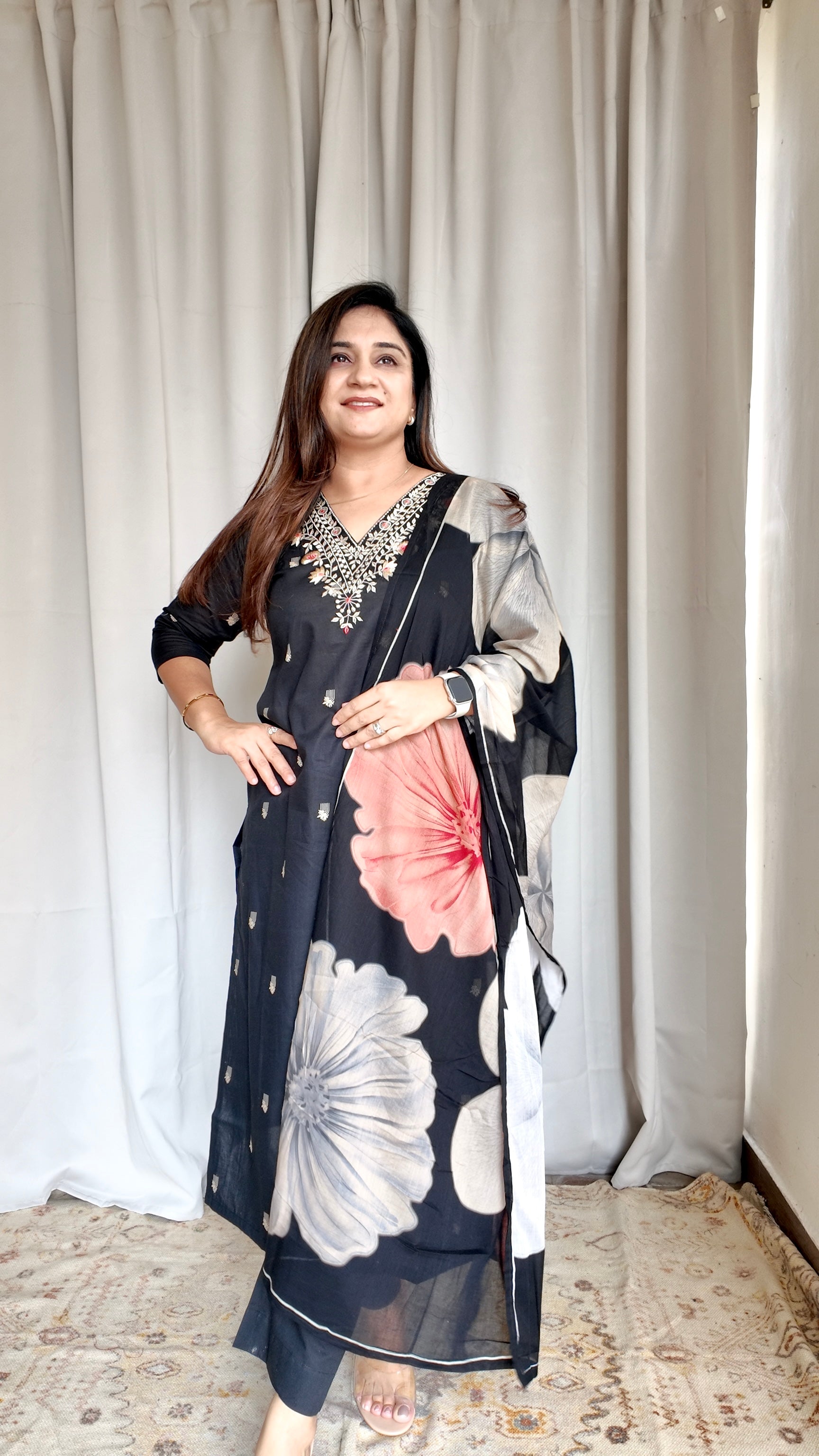 Black Floral Cotton Embroidered Pant Set - The Jaipur Studio
