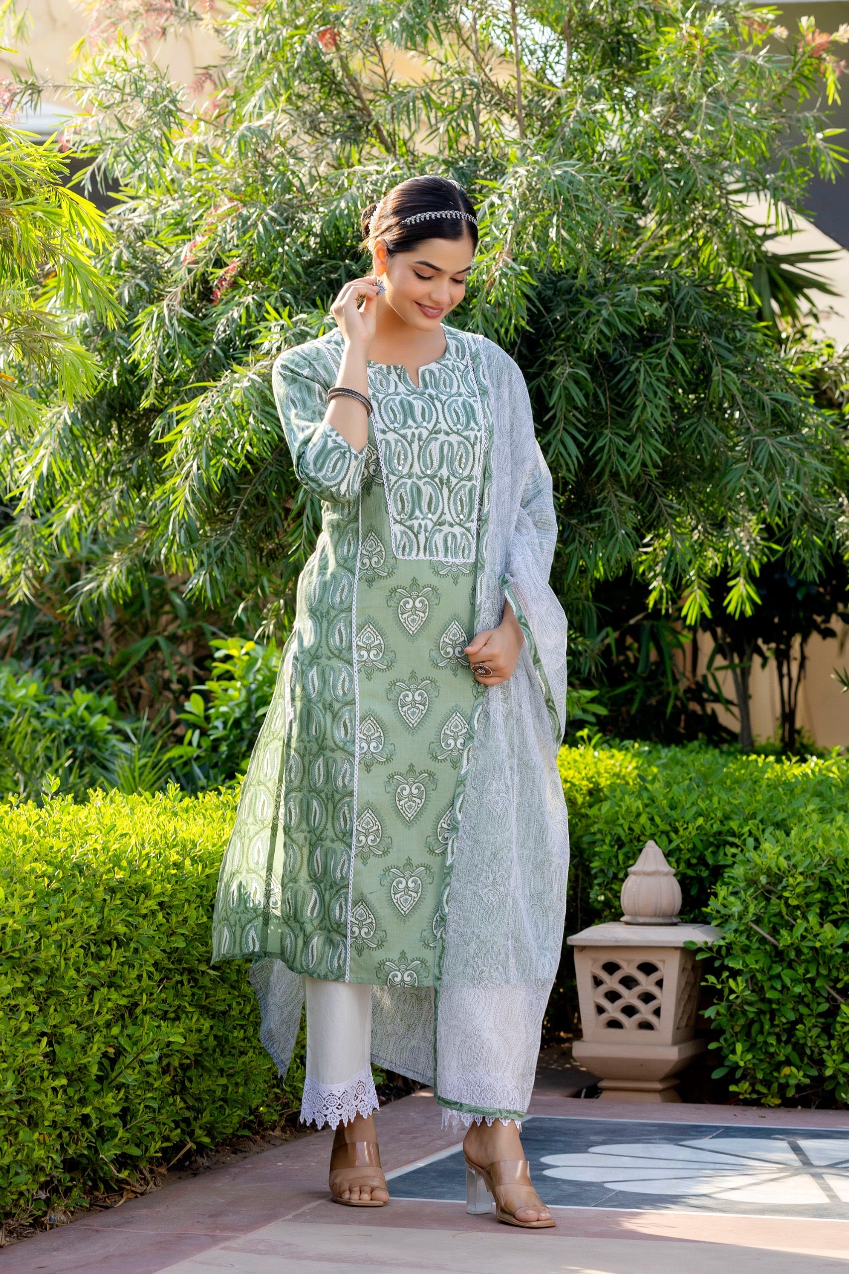 Mashia Cotton Pakistani Suit with Lace Detailing - The Jaipur Studio