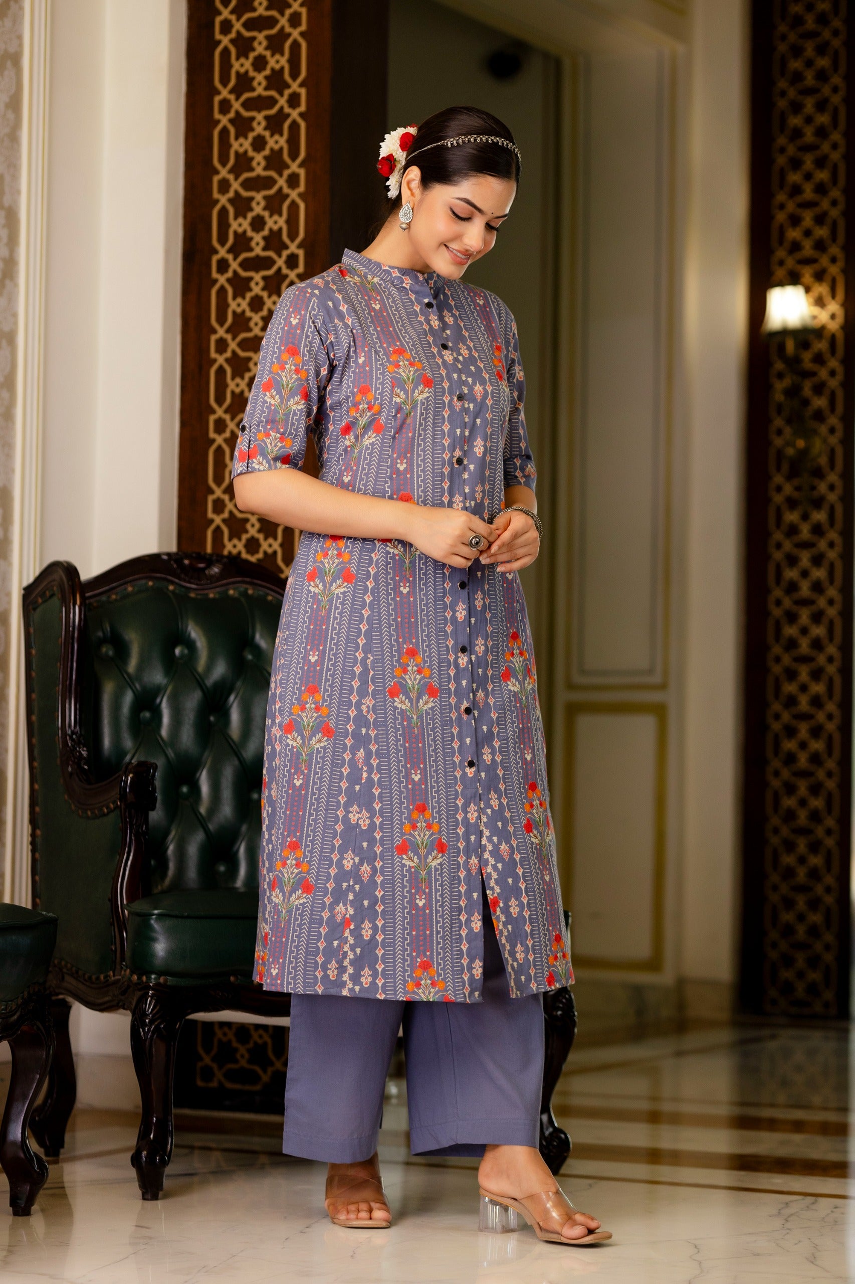Grey Floral Cotton A-line Coord Set - The Jaipur Studio