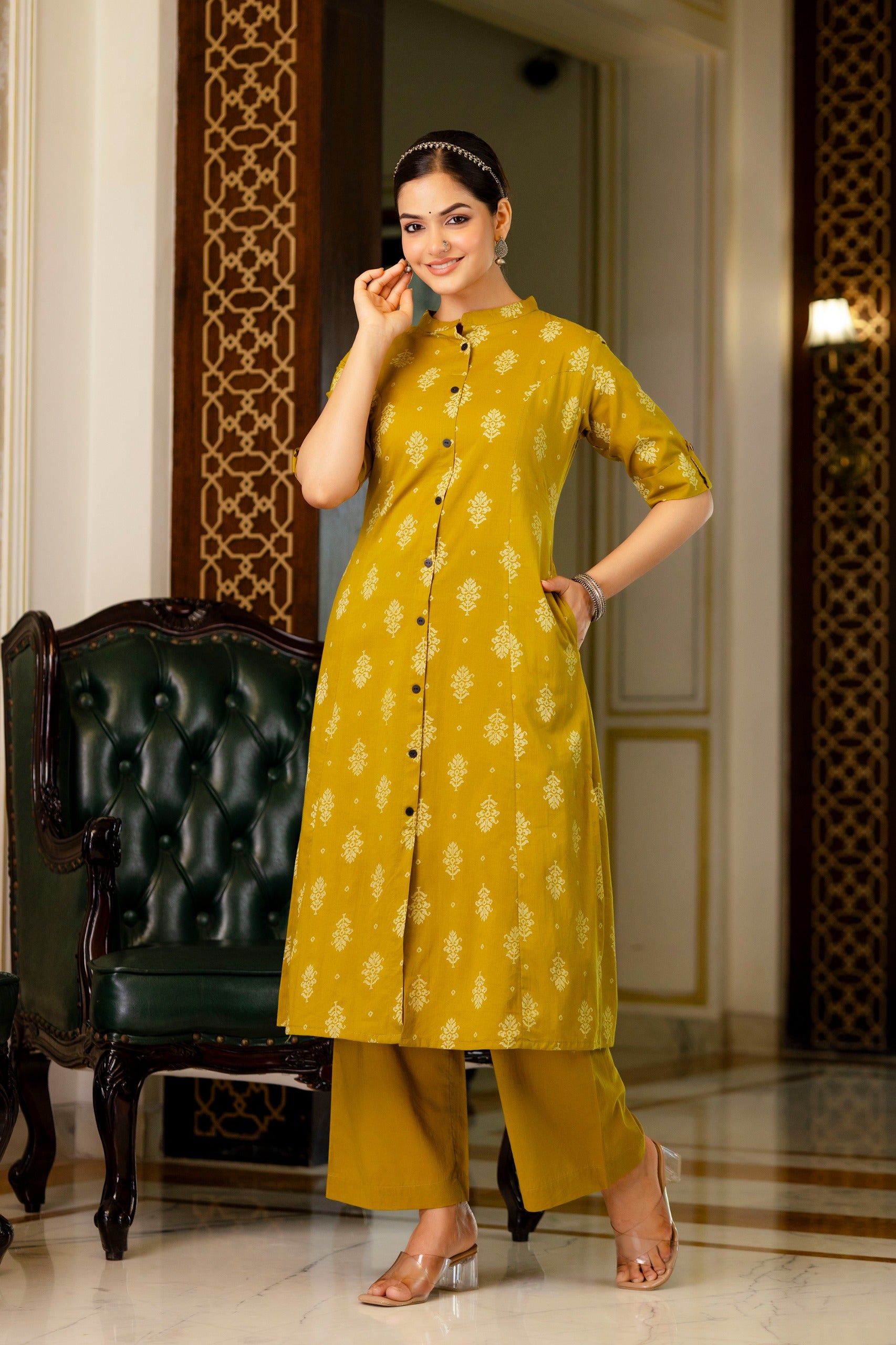 Yellow Jamdani Cotton A-line Coord Set - The Jaipur Studio