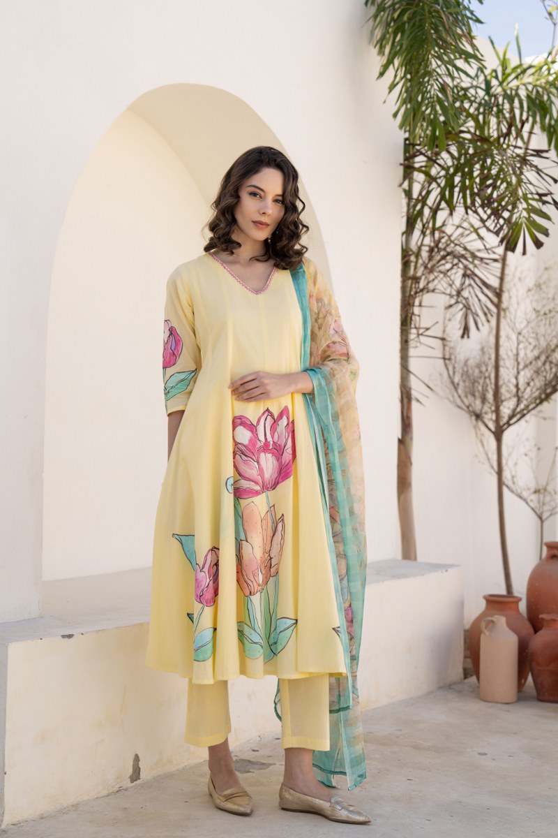 Shefali Mul Cotton HandBrush Painted Anarkali Set - The Jaipur Studio