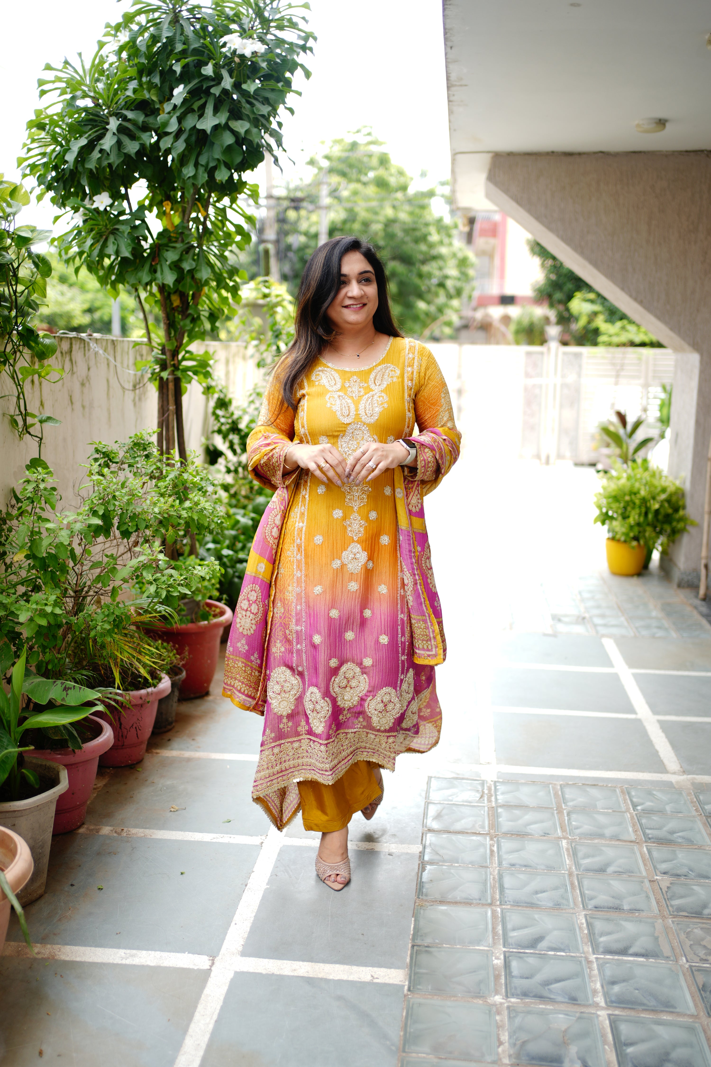 Zehra Asymmetric Shimmer Tissue  Embroidered Pant Set - The Jaipur Studio
