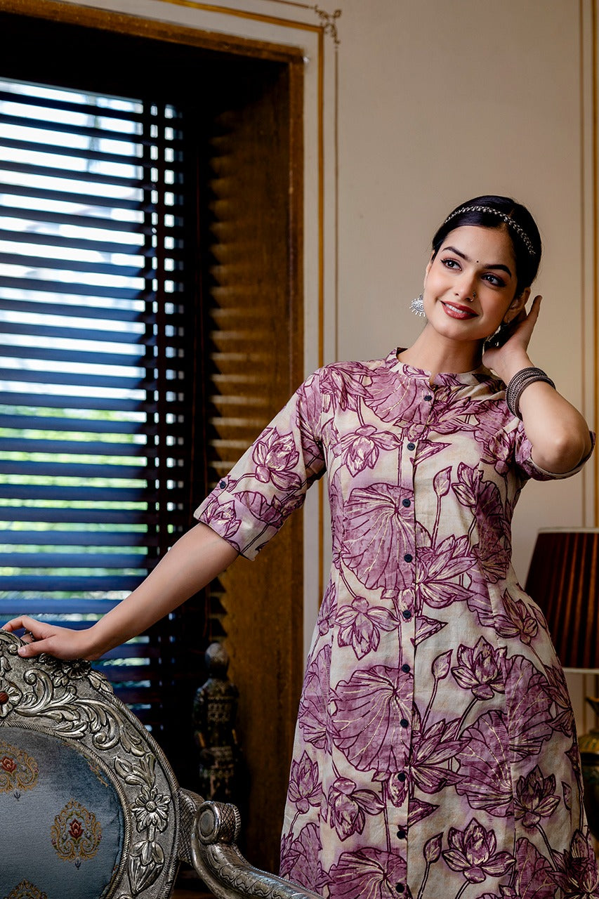 Shnaya Purple Floral Cotton A-line Coord Set - The Jaipur Studio