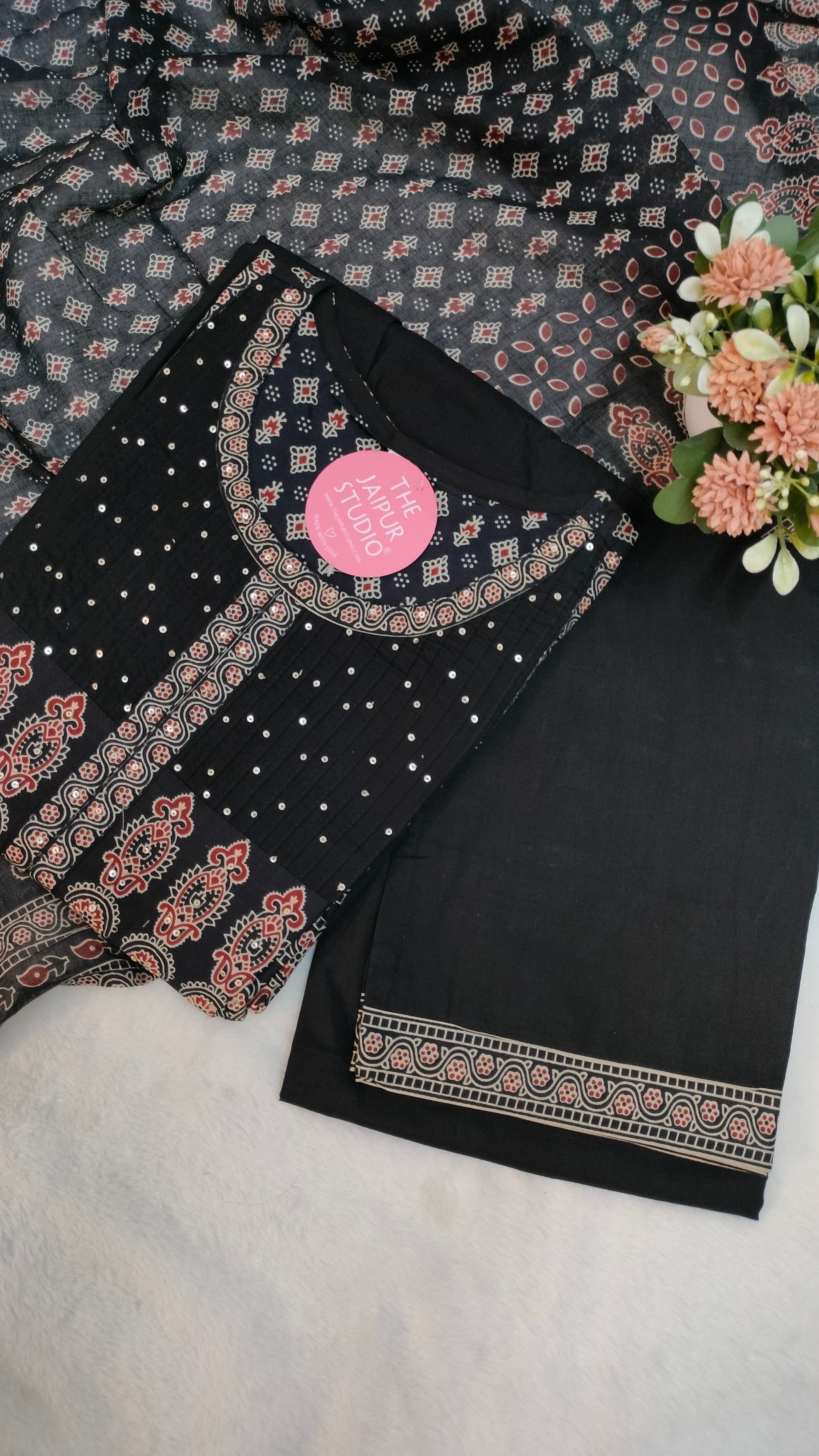 Deliah Handblock Premium Cotton Detailed Pant set - The Jaipur Studio