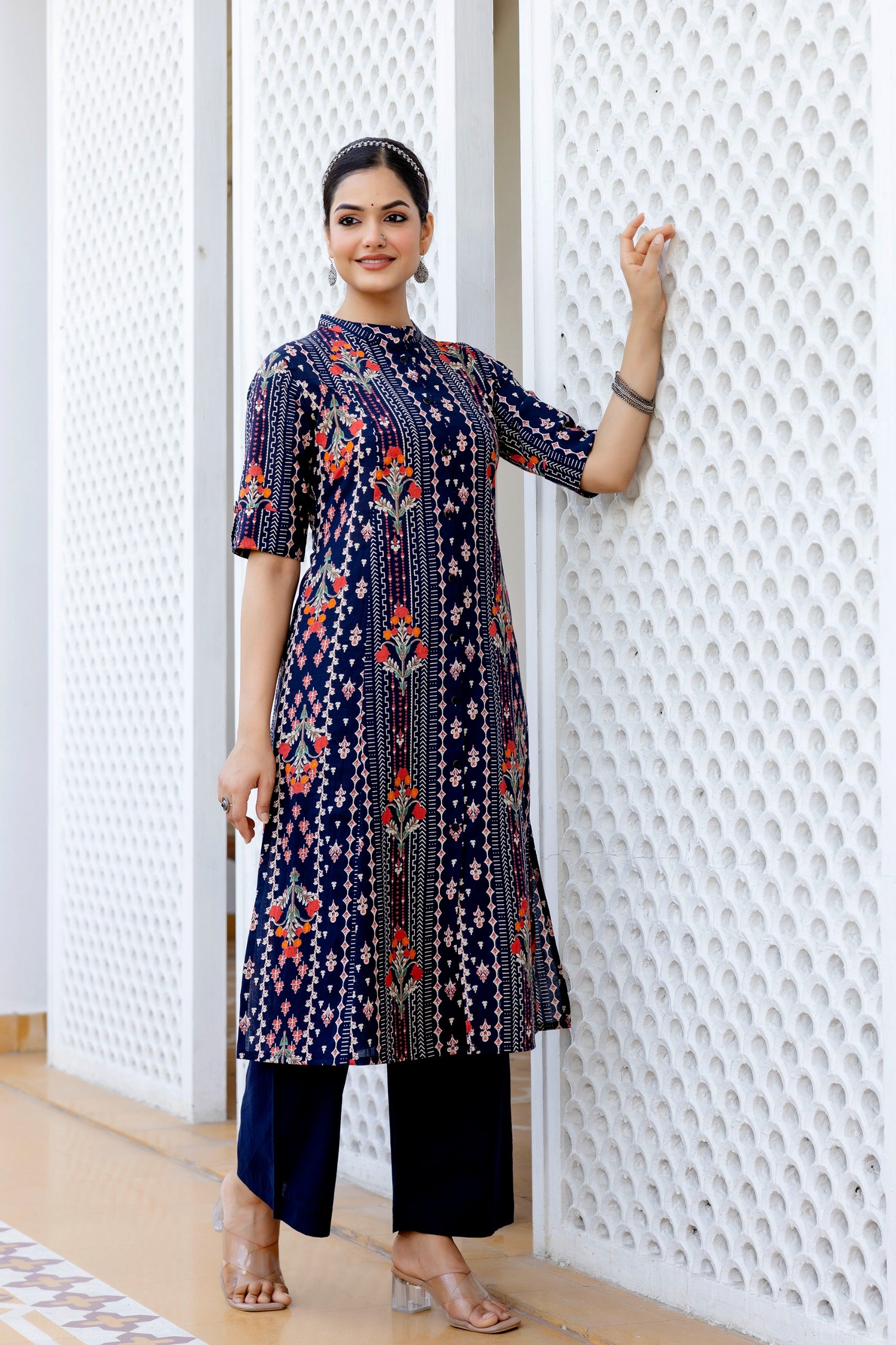 Navy Blue Floral Cotton A-line Coord Set - The Jaipur Studio