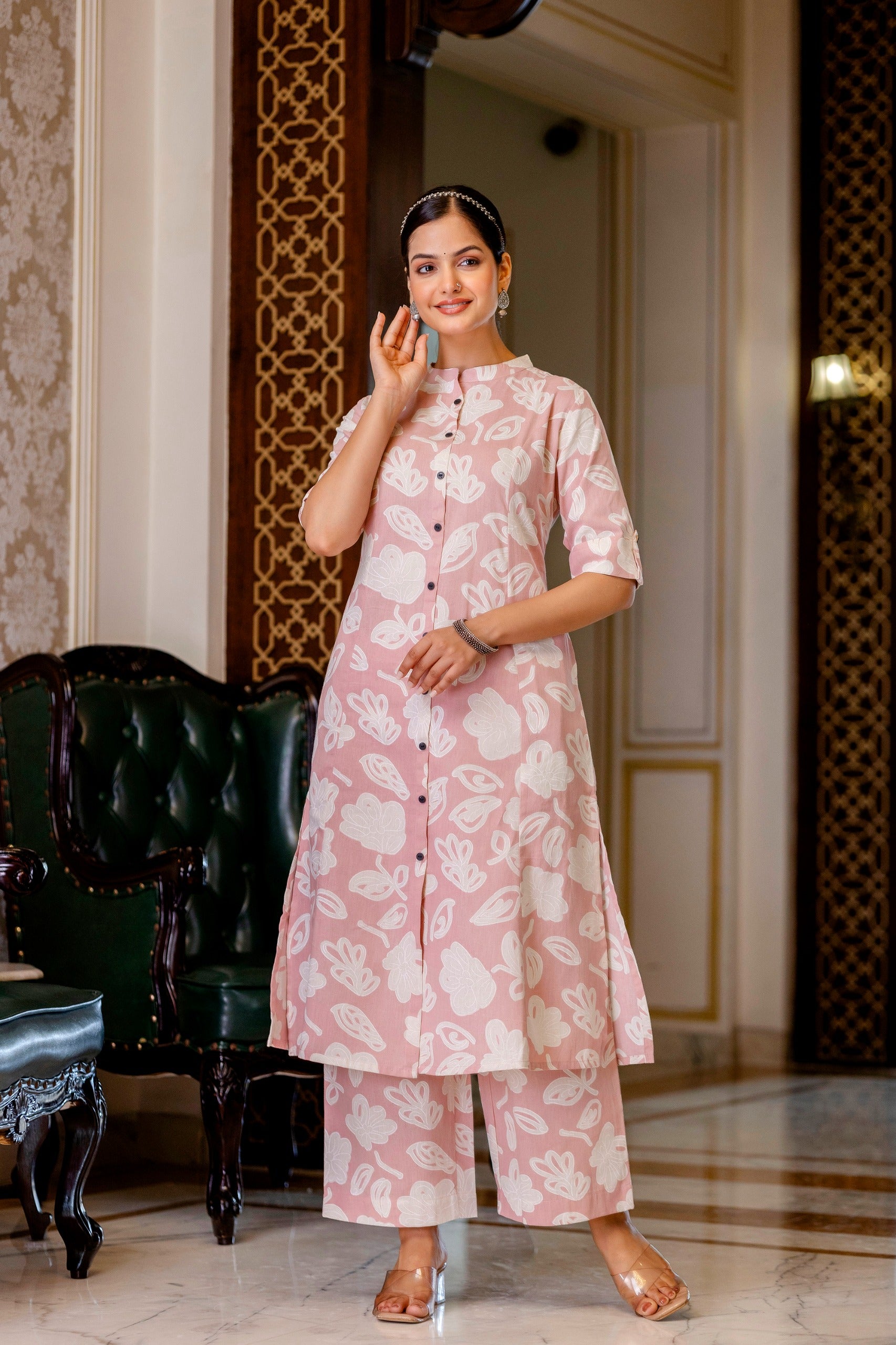 Peach Floral Cotton A-line Coord Set - The Jaipur Studio