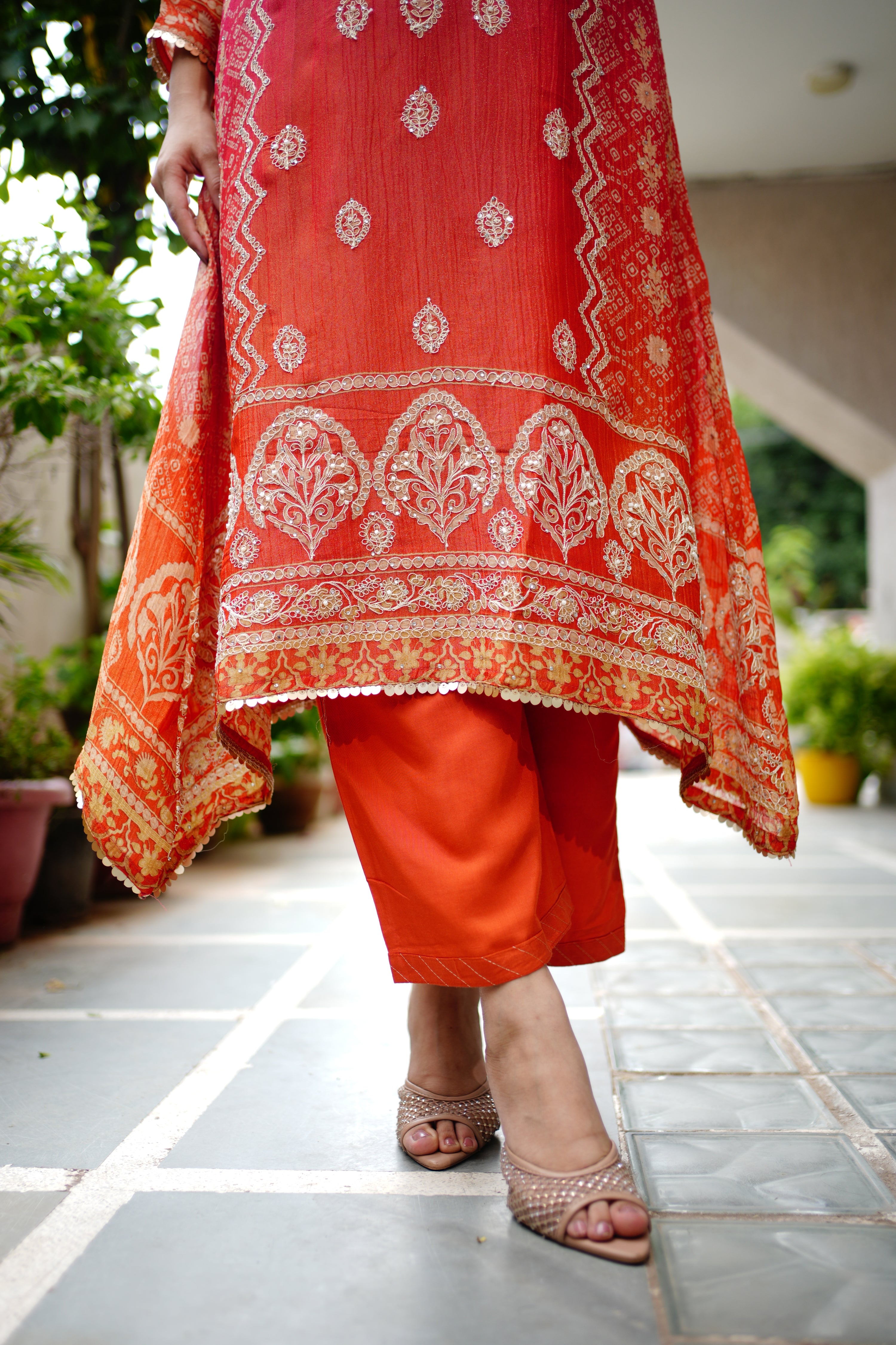 Rehana Asymmetric Shimmer Tissue  Embroidered Pant Set - The Jaipur Studio