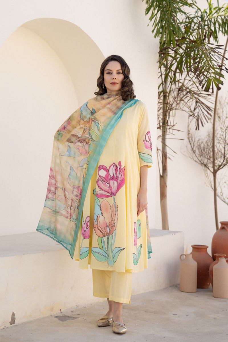 Shefali Mul Cotton HandBrush Painted Anarkali Set - The Jaipur Studio