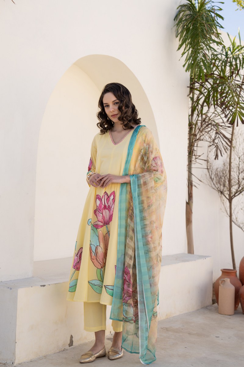 Shefali Mul Cotton HandBrush Painted Anarkali Set - The Jaipur Studio