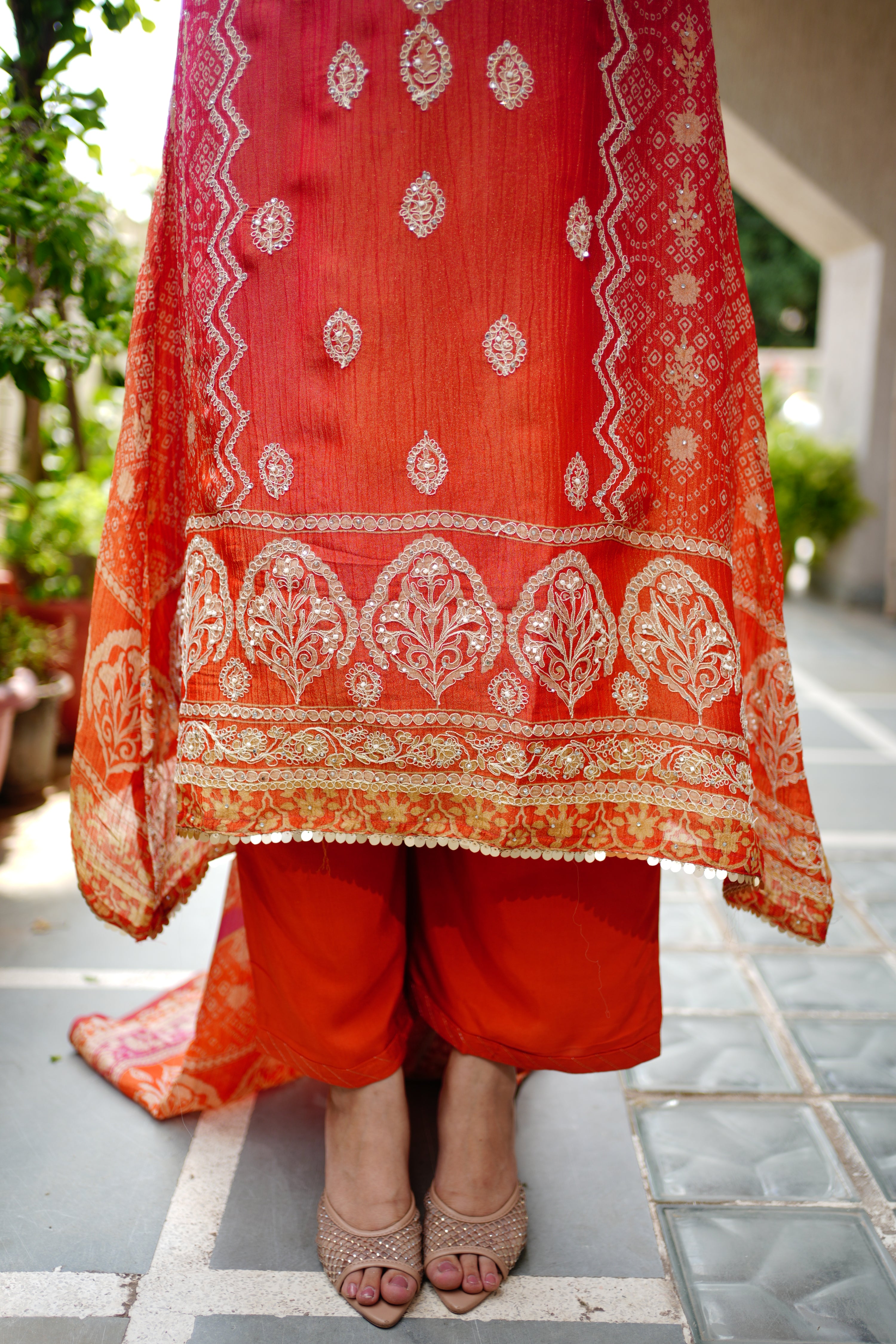 Rehana Asymmetric Shimmer Tissue  Embroidered Pant Set - The Jaipur Studio