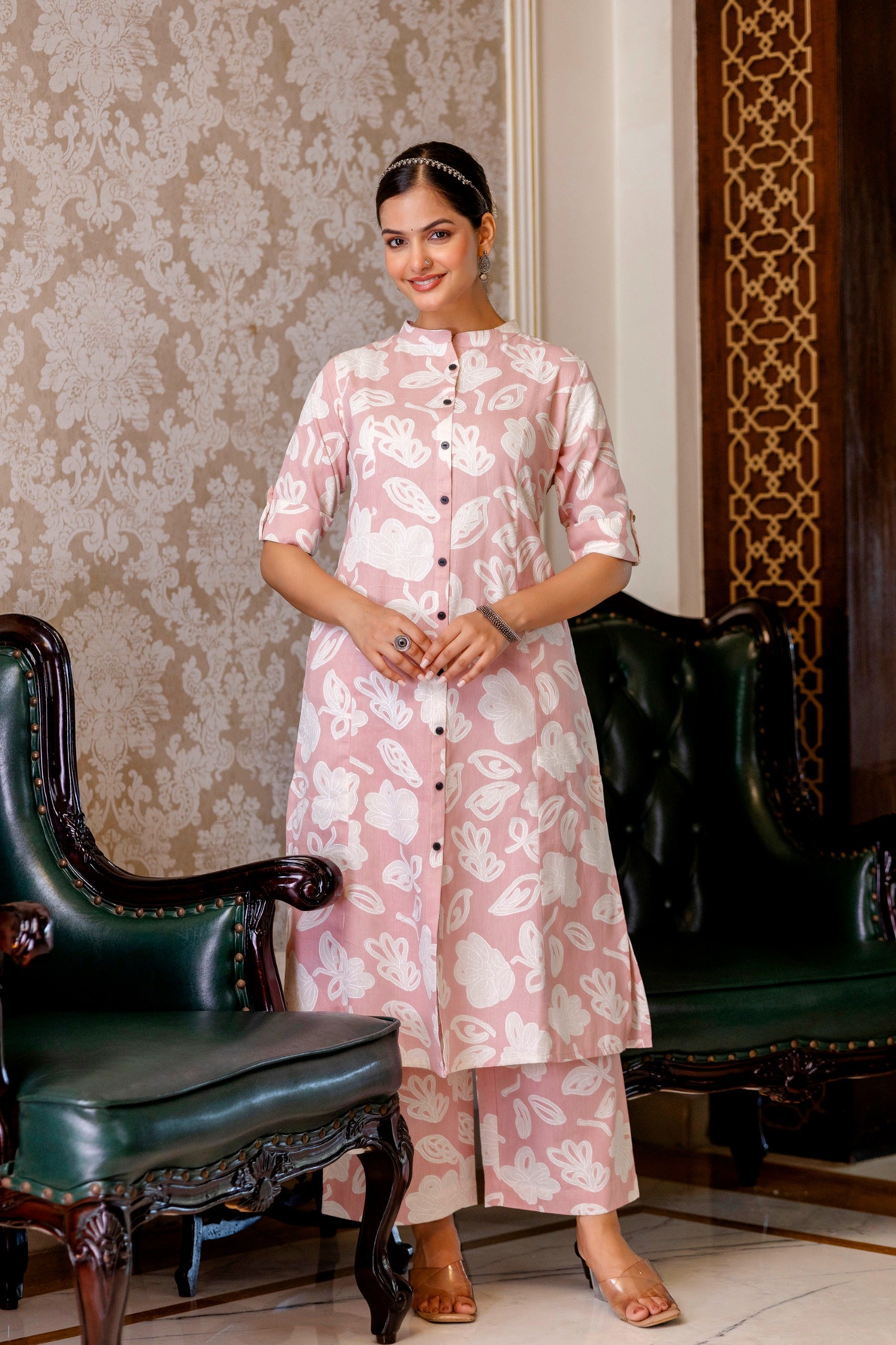 Peach Floral Cotton A-line Coord Set - The Jaipur Studio